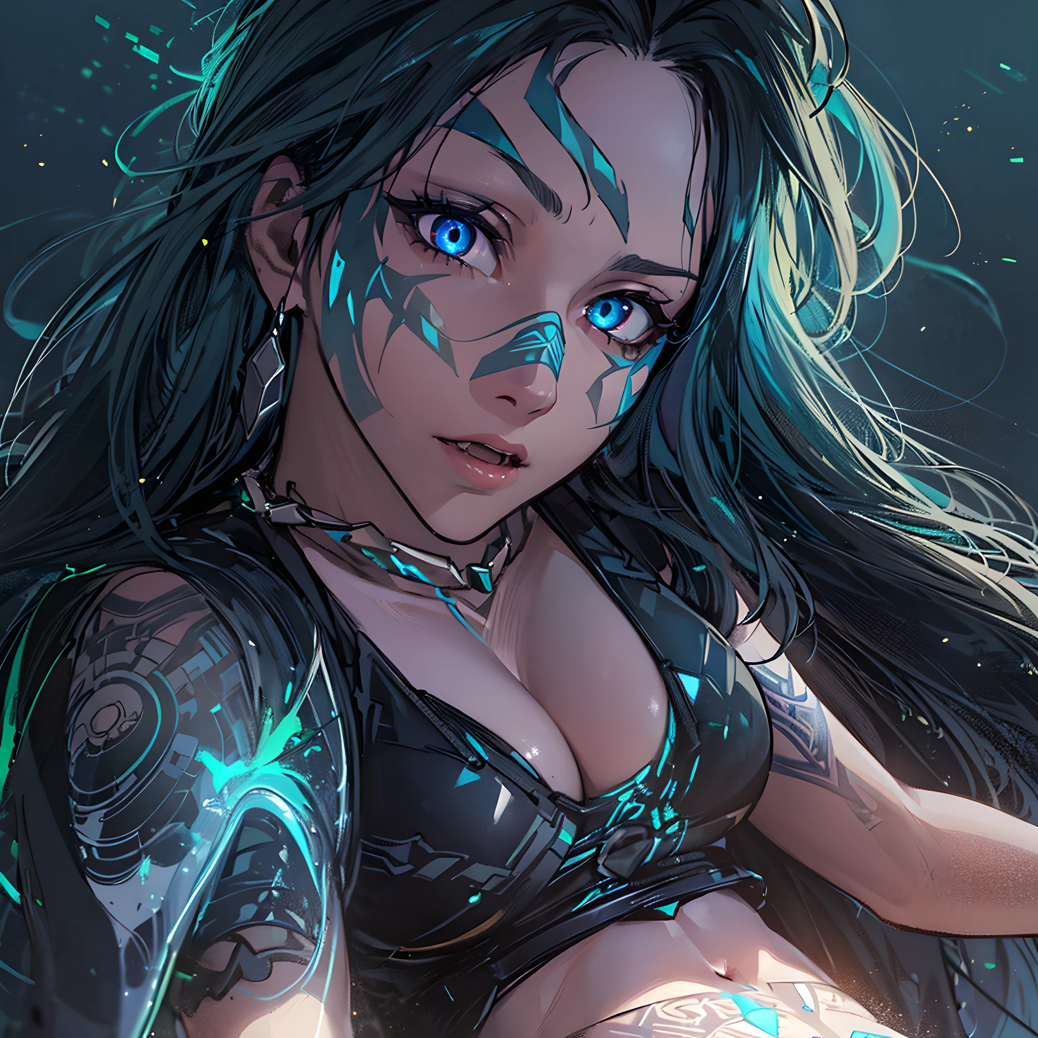 (masterpiece, best quality, high quality, extremely detailed, hyperrealistic, CG, unity, 4k), (dark fantasy:1.4), (corrupted female mage floating in mid air, pale skin color, glowing tribal tattoo covering whole body, messy black hair with thick green highlights, gradient hair), skimpy see-through sleeveless clothes, blue magic energy swirling around, (georgous detailed face, extremly detailed glowing eyes, detailed skin, perfect body, huge breasts:1.2, narrow waist), intricate, blue light particles, lens flare, depth of field, cinematic lighting, (dark scene), cracks, blue glow, (full body, low angle), looking at viewer,