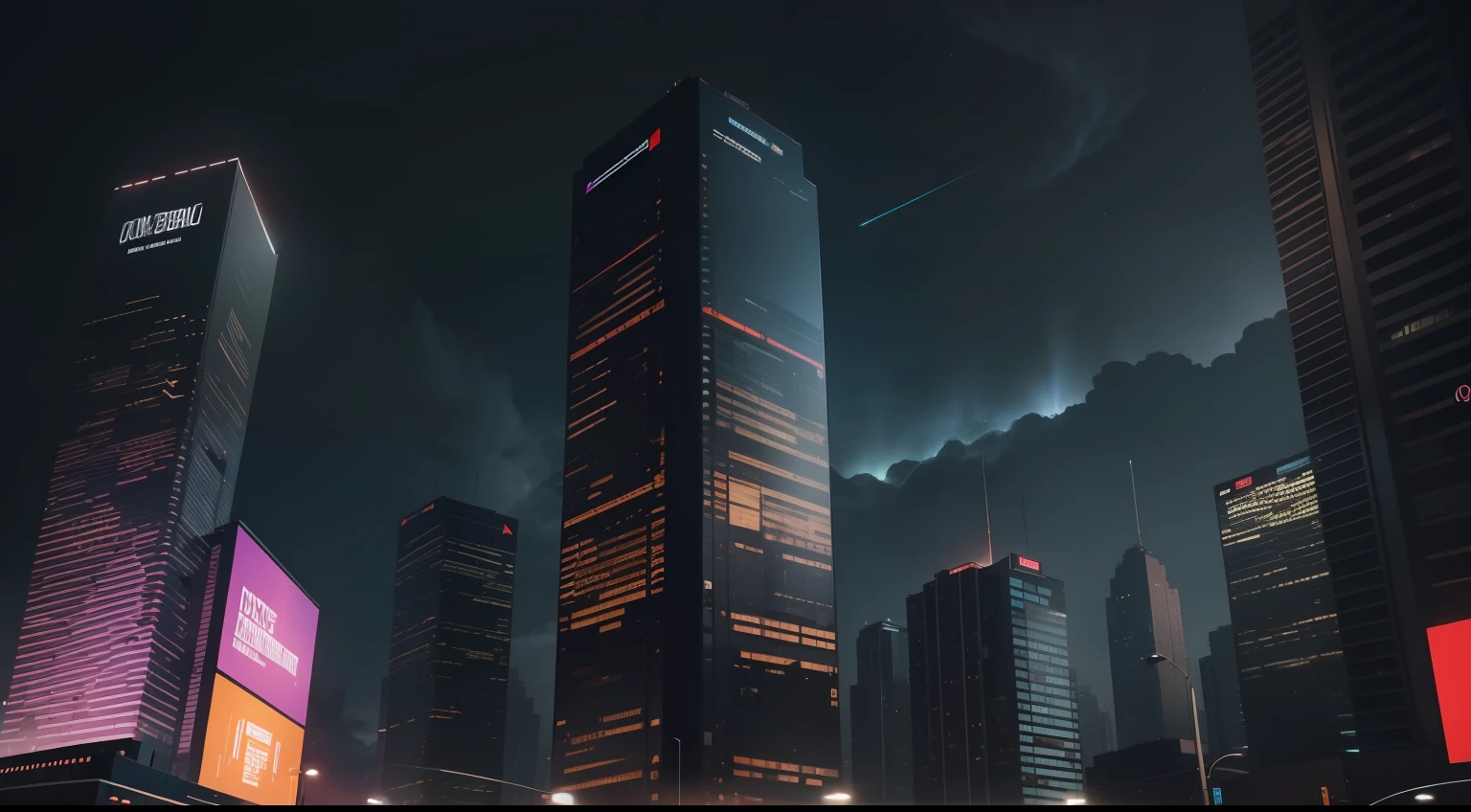 A infraestrutura e a arquitetura do futuro, dark buildings with giant colorful advertising screens, dark sky, future destroyed by humans, lot of buildings, visual pollution, doomsday scenario