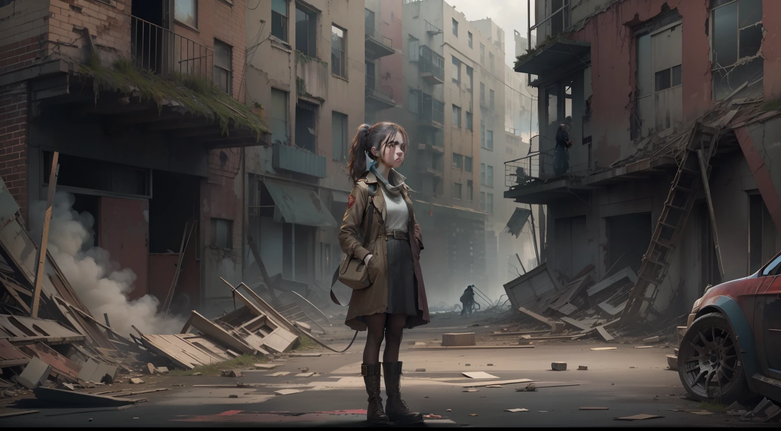 Loss of the world，Katie stands on an abandoned city street，Eyes look firmly into the distance，She was holding an old-fashioned walkie-talkie，Surrounded by dilapidated buildings and ruins，Hinting at the scene of the end times。