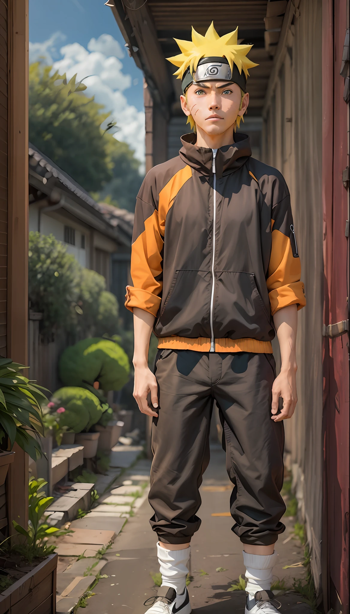 Naruto Uzumaki, muito bunito, com 25 anos de idade, usando roupas da Nike, extremamente realista, em frente uma casa fundo lanchonete meio corpo