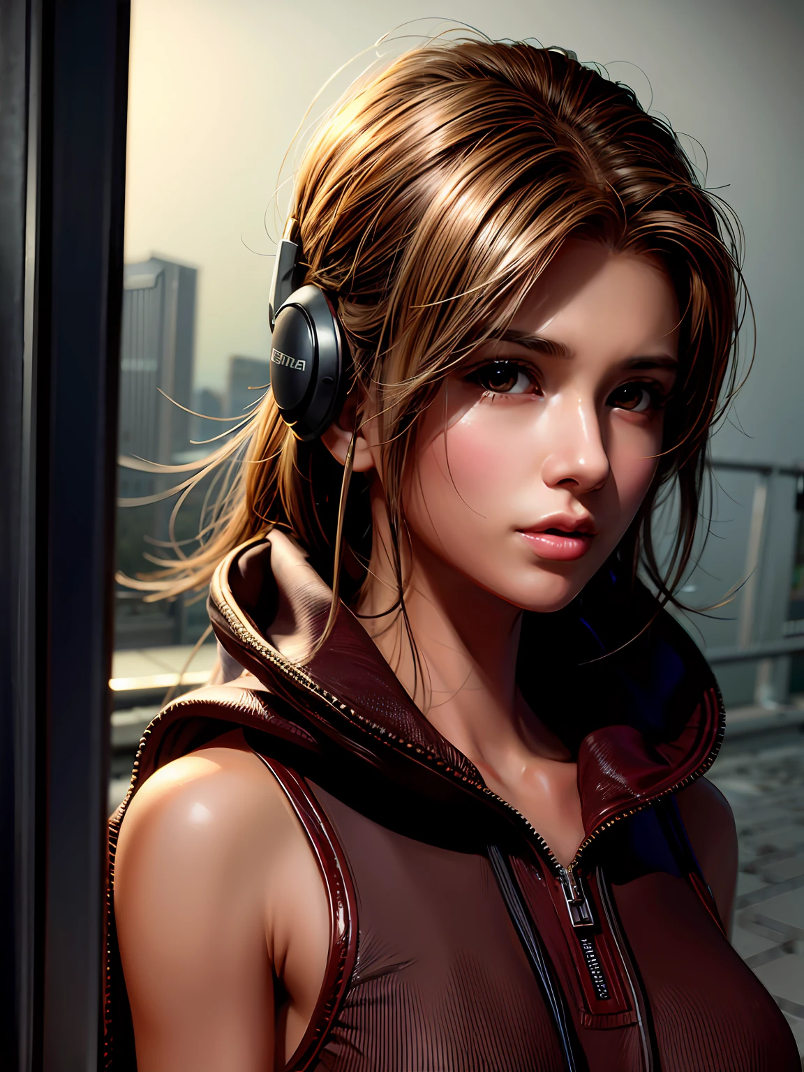 long straight dark brown haired gamer girl leaning into the camera, three-quarter headshot:1.2, lean body, fit body, photo from front above, dark red hoodie:1.2, straight hair, large leather gamer headphones:1.2, skintight black top:1.2, looking at viewer, realistic, 4k, cinematic lighting, perfect, soft lights, intricate details:1.2, high resolution skin:1.2, realistic skin texture, realistic face, perfect anatomy, lean girl, fit girl, sfw:1.2, jumper:1.2, hoodie:1.2, headphones:1.2