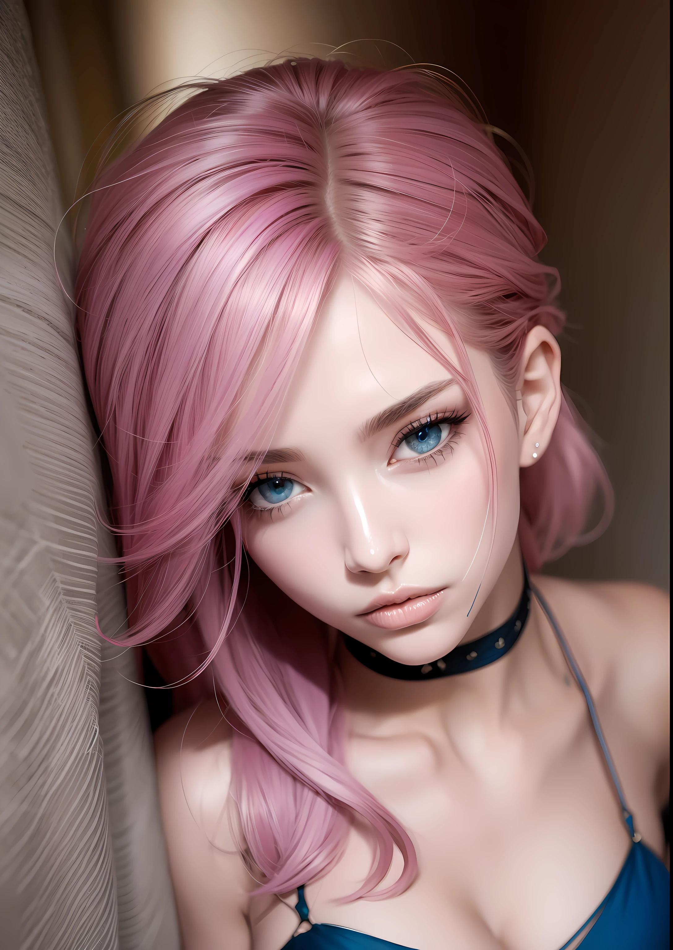 Extremely beautiful woman, magnifique corps divin, Very beautiful eyes, cheveux rose, sensual lighting, dents blanches parfaites, yeux brillants, maquillage des yeux, beau visage, porte un bikini bleu tombant, Hyper High Resolution