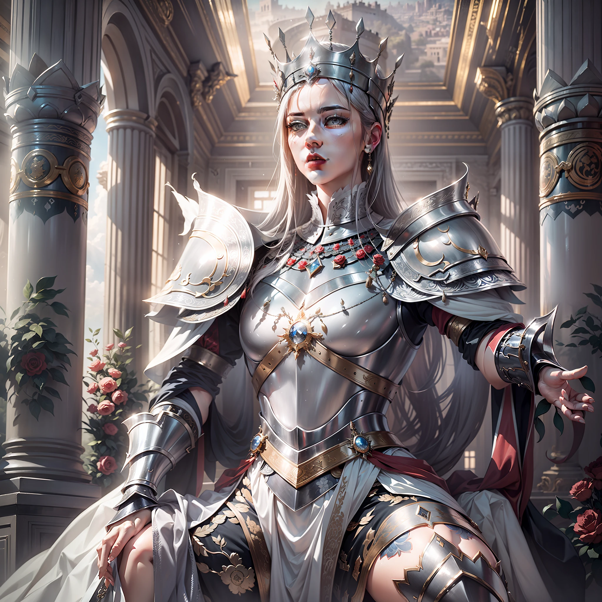 A woman of extraordinary temperament wears silver-white armor，Standing inside the palace of the Glory City，His gaze was sharply fixed on the old king sitting at the top。tmasterpiece。Impeccable，Nothing is flawless