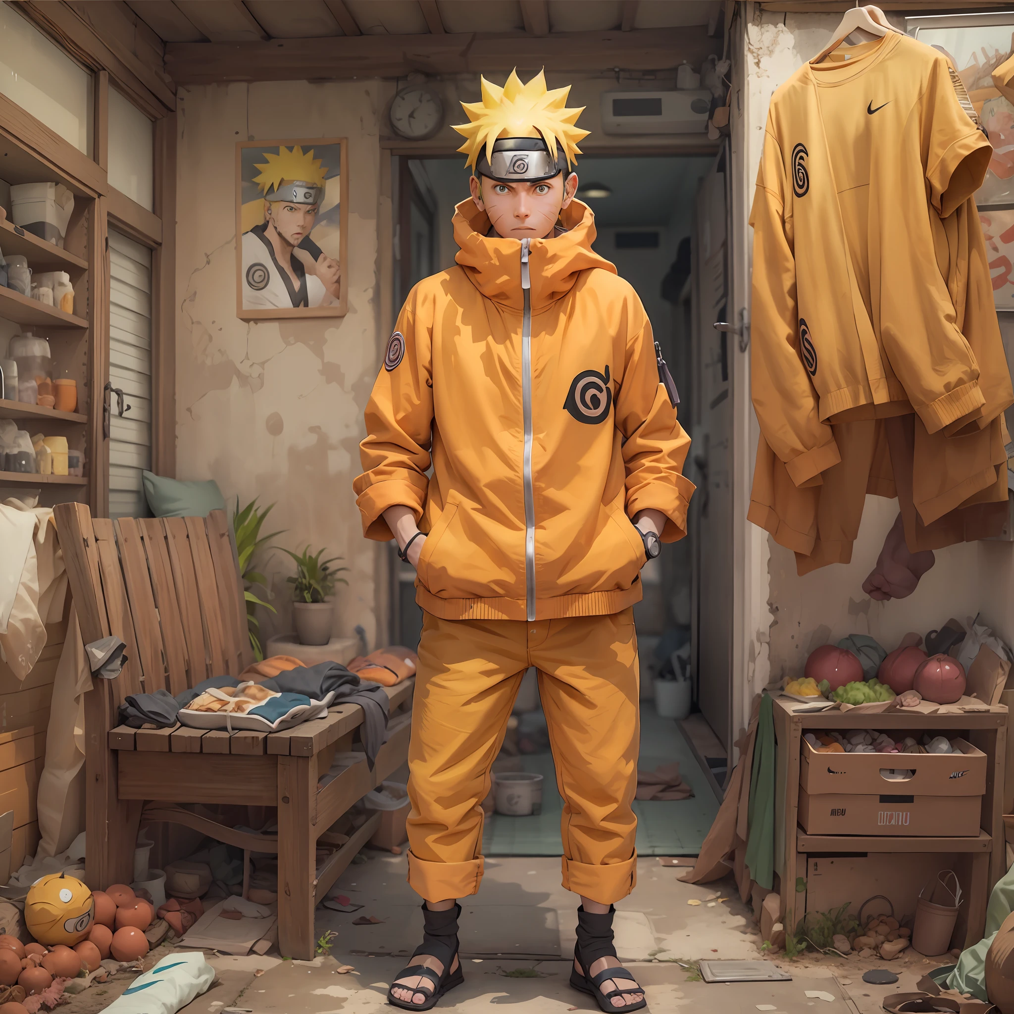 Naruto Uzumaki, 1 men muito bunito, com 30 anos de idade, usando roupas da Nike, extremamente realista, em frente uma casa fundo lanchonete meio corpo