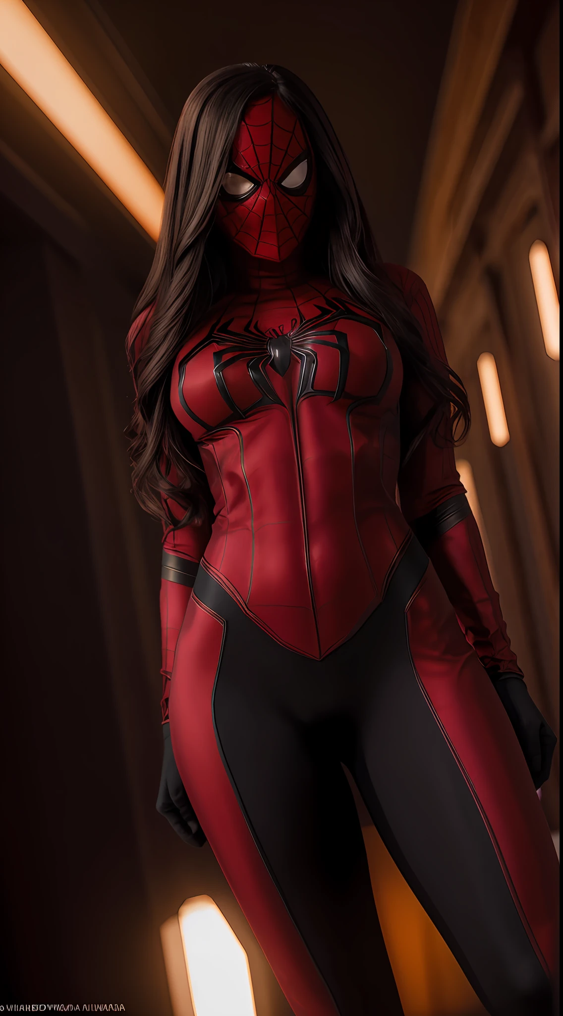 "Spiderwoman hipersexy (nua), wearing only the spider mask, hiperrealista, 8k, foto raw, obra prima, cinema, perfeita, realista, super detalhada, melhor qualidade, perfection."