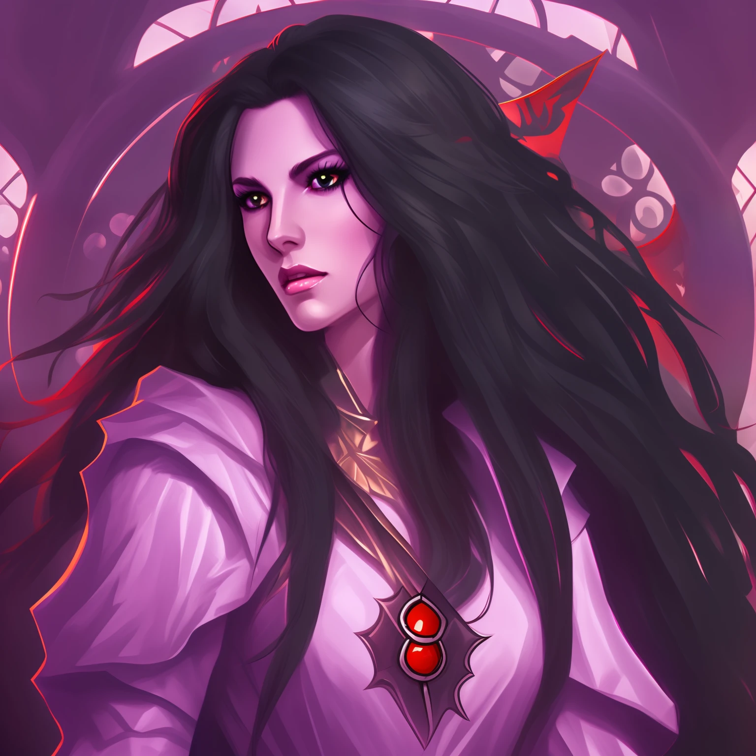 A beautiful white woman, long black hair, red eyes, rpg, medieval, fantasy