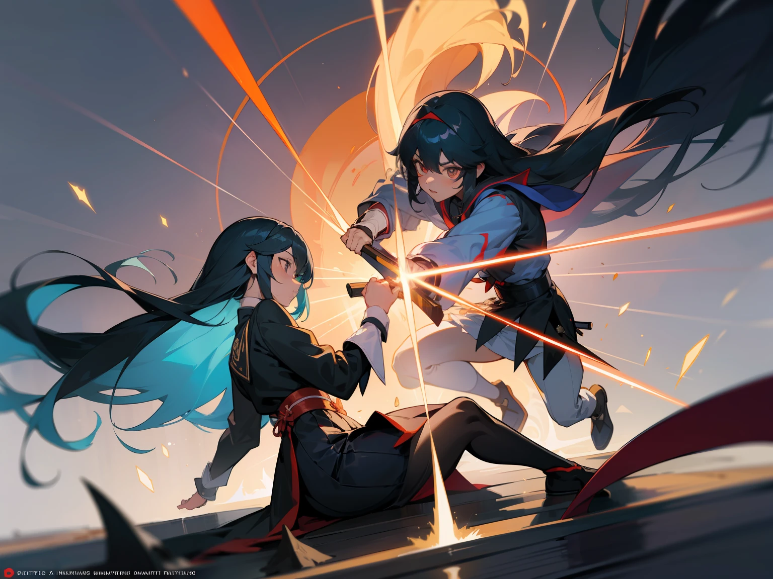(obra-prima:1.1), (2 garotas de anime:1.1), alta resolução, Alto contraste, (slow-motion:1.3), cor viva, soft-lighting, pele brilhante, distopia,2 meninas no campo de batalha,(batalha fechada:1.2), belos olhos detalhados, contato visual, uma arte extremamente delicada e bonita, corpo inteiro, maxi skirt with slit only on one side, Mechanical and magical luminescence weapons, multiple rays and particles,  irritado, Full body art fights 1 conra 1 of two female characters one is a woman in armor holding a sword and a sword, an anime drawing inspired by Kanō Hōgai, vencedor do concurso pixiv, Shin Hanga, badass anime 8 k, de arknights, Matoi Ryuko, Arknights, Demon Samurai, demon samurai warrior, Keqing por Genshin Impact, anime epic artwork, do outro lado uma mulher em uma roupa branca e preta com uma capa vermelha, um retrato de personagem por Krenz Cushart, Pixiv, Sub Arte, Krenz Cushart e Artgerm, casimiro arte, lucina do emblema de fogo, Arte Zerochan, arte chave detalhada do anime, arte detalhada do personagem de anime, Beautiful androgynous prince, as duas estao lutando come spadas, combate corpo a corpo 1 contra 1, Poderes, Efeitos, quadro chave do anime, Golpe fatal, Estilo de Luta, Hits, Colosso de Espadas, duas personagens Efeitos de lamina, Golpe de falha