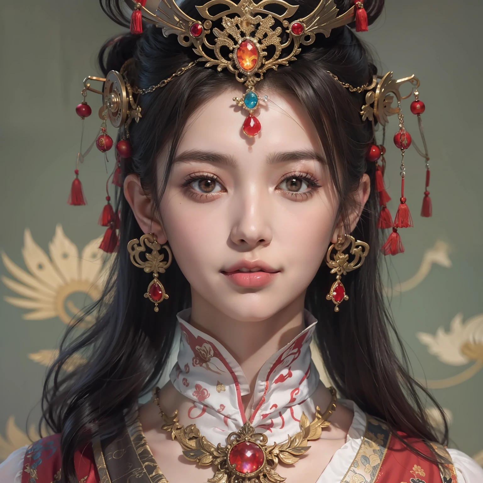 ung queen in a red lace blouse,a deep-breasted nightgown,Chinese style clothes,Ancient costumes with many phoenix motifs,Flawless white and pink face,crown on her head,Black hair waist-length,very beautiful and sharp brown eyes,Small red lips,Colored lips,Enchanted smile,Jewelry worn around the neck,耳Nipple Ring,White uniform teeth,tall nose bridge,big round breasts, slenderlegs,thin mesh black socks,sportrait,most realistic,HighestQuali,best pixels,8K Ultra,(鎖骨,Expose breasts exposed,Breast indentation,areola is protruding,Protruding ,perfect abdomen,),(huge tit:9.9)