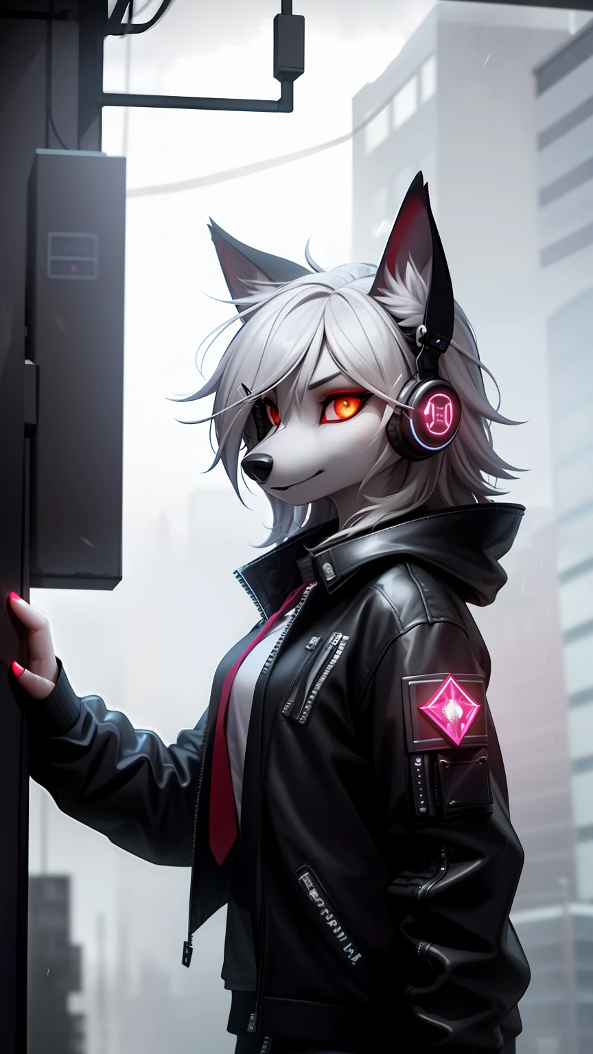 A highly detailed portrait of a solo wolf girl standing on a street corner, (anthro, furry, snout:1.2), whiskers, during a rainstorm with lightning strikes and a cloudy sky, neon and cyberpunk background, she is wearing punk clothes with silver chains and silver spikes, she has a butterfly wing hairclip in her wild hair, she has headphones and a necktie on, petite, detailed glowing red eyes with distinct pupils, ominous aura Halo, smile, punk, cyberpunk, backlighting, masterpiece, best quality, intricate detail, absurdres, high detail RAW color Photo, highly detailed, harsh lighting, cinematic lighting, detailed eyes, distinct pupils, contrast, hard light, gigapixel, 8k resolution, beautiful, cinematic, elegant, hyperrealistic, octane render, unreal, high definition, 8k resolution, highly detailed, 8k uhd, professional lighting, photon mapping, radiosity, physically-based rendering, award-winning photography, detailed face, backlight, ultrarealistic, ray tracing, intense gaze, cinematic lighting