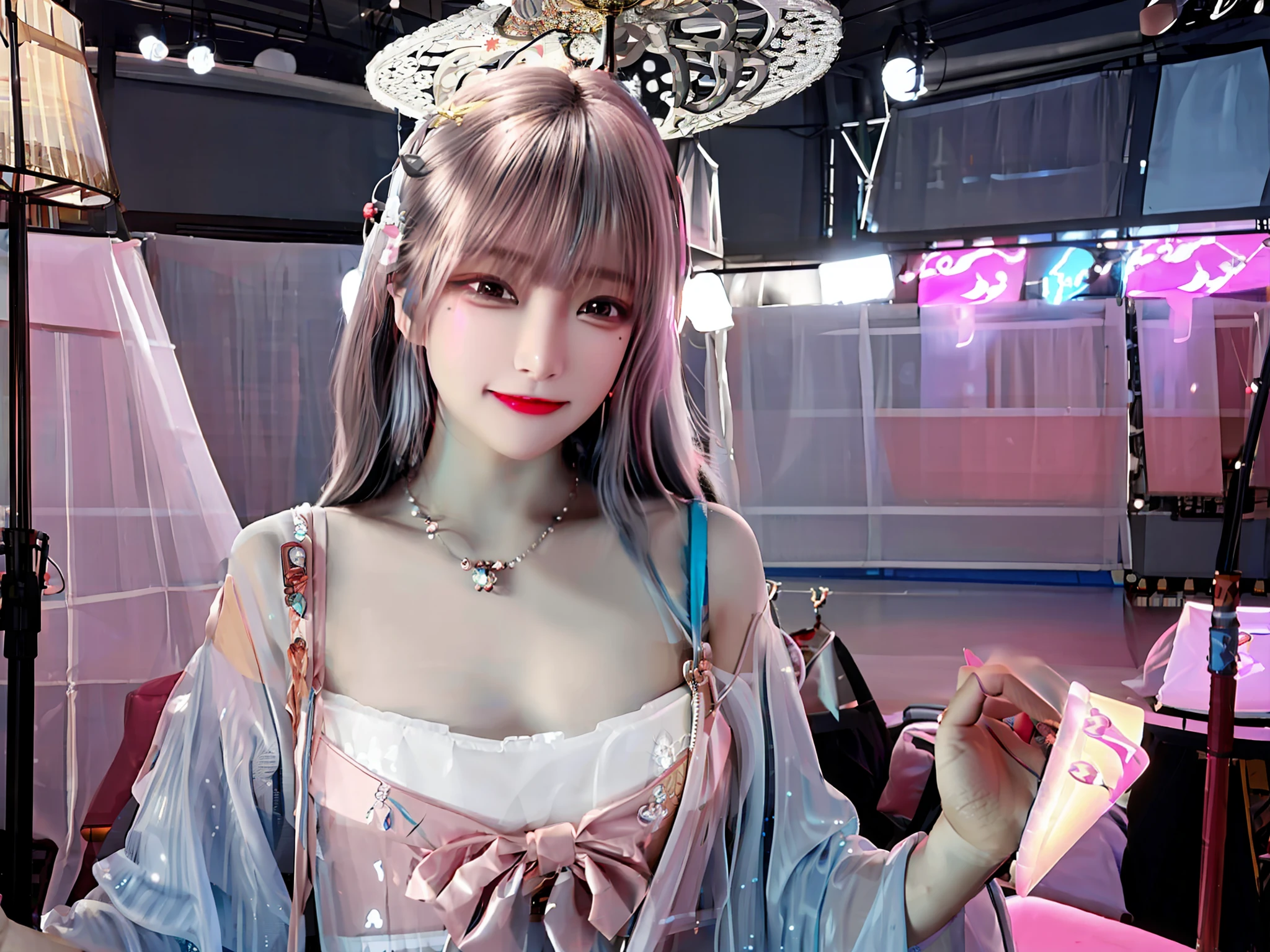 best quality, masterpiece, highres, 1girl,blush,(seductive smile:0.8),star-shaped pupils,china hanfu,hair ornament,necklace, jewelry,Beautiful face,upon_body, tyndall effect,photorealistic, dark studio, rim lighting, two tone lighting,(high detailed skin:1.2), 8k uhd, dslr, soft lighting, high quality, volumetric lighting, candid, Photograph, high resolution, 4k, 8k, Bokeh