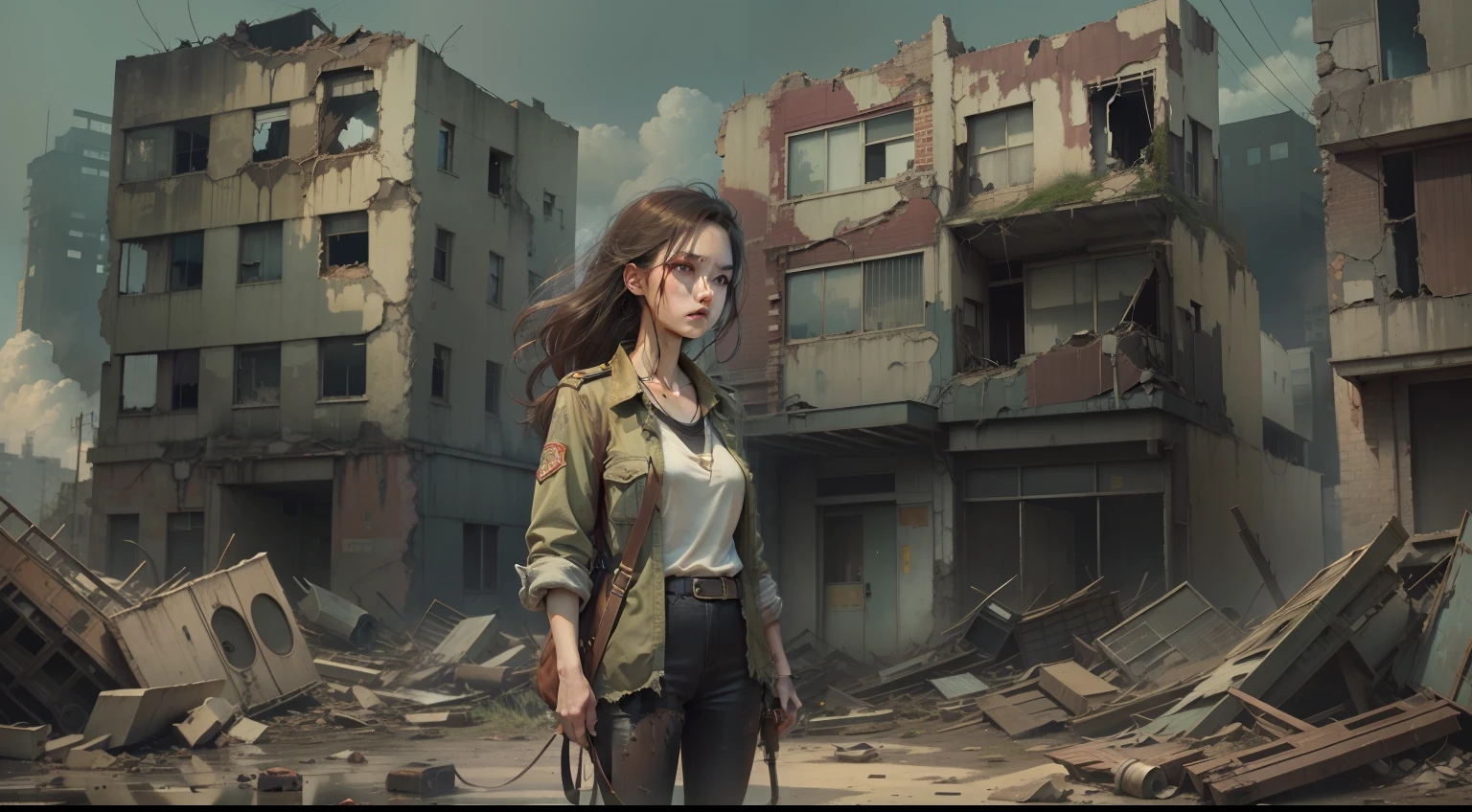 The lost world。Katie stands on an abandoned city street，Eyes look firmly into the distance，She was holding an old-fashioned walkie-talkie，Surrounded by dilapidated buildings and ruins，Hinting at the scene of the end times。