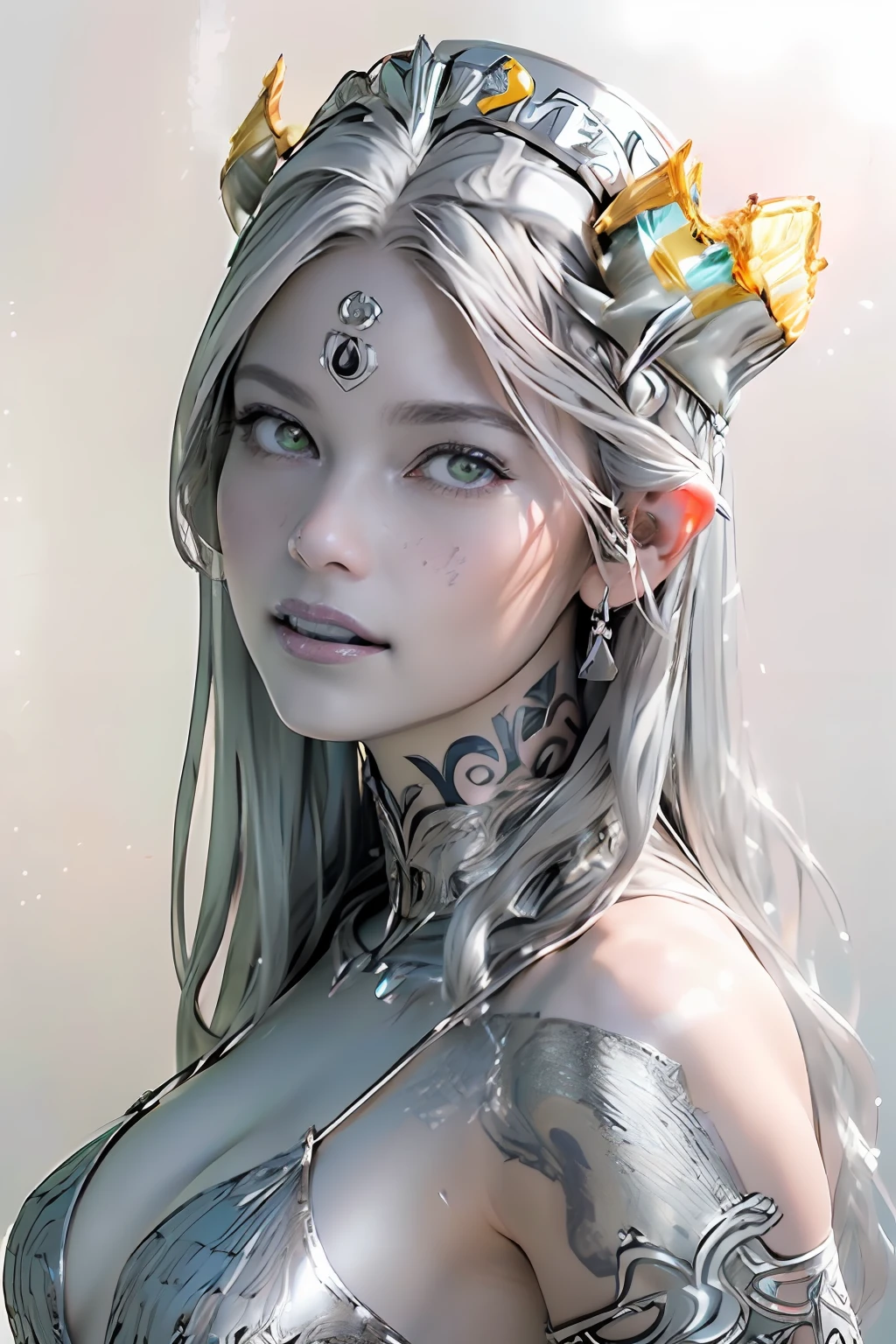 Ultra-detailed complex 3D rendering of the face, (masterpiece, top quality, octane rendering,), glamour shots full body image, very beautiful young elves, cleavage, (highly detailed skin: 1.2), (exposure: 1.1), ((blue micro bikini: 1.95)))). , 8k, (((very soft breasts)), (((conspicuous large pink areola)), beautiful Caucasian woman with white skin with full soft breasts with big buttocks, one, long braided hair, big breasts, dynamic angles, (((huge breasts: 2.4)), ultra-realistic photos, ((((((silver hair)))), futuristic urban background, facial muscles, (((((detailed and glamorous silver crown)))), In the style of Marvel Comics, ArtStation Trends, Clear Focus, Intricate Details, Very Detailed, Detailed Green Eyes, Sharp Focus, Digital Rendering, Professional, Abs, Lip Gloss, Glossy Skin, Sexy Pose, Golden Tattoo All Over Body, Silver Pattern All Over Body, Silver Lame Skin, Gold Glitter Skin, Mansuji, Buttocks, Jeweled All Over the Body, with silver scales, silver hair,