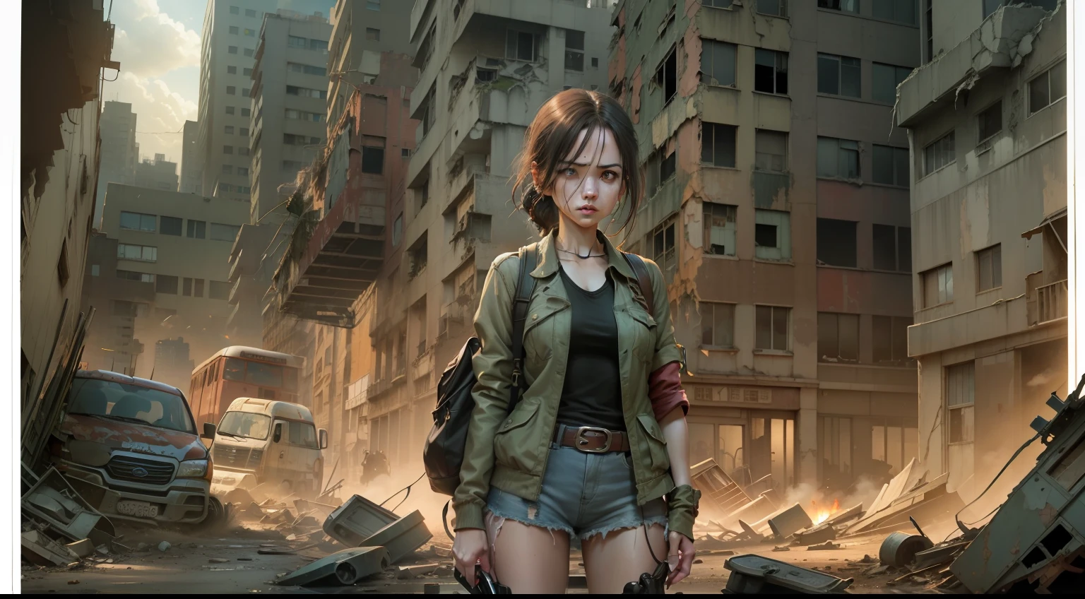 The lost world。Katie stands on an abandoned city street,Eyes look firmly into the distance,She was holding an old-fashioned walkie-talkie,Surrounded by dilapidated buildings and ruins,Hinting at the scene of the end times。