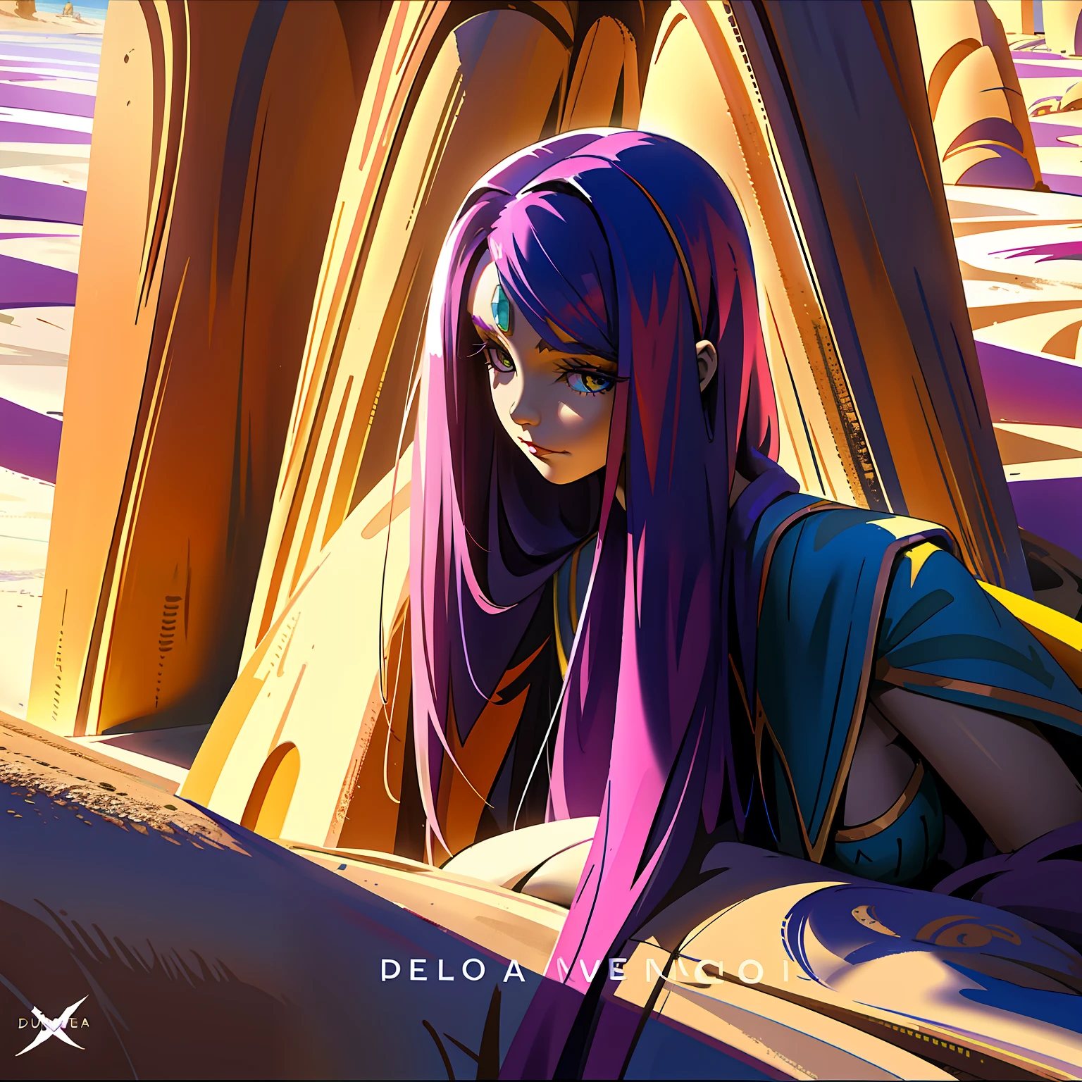chica de cuerpo entero vestida de violeta y negr0, su cabello es de color violeta camina pensativa por un palacio del desierto