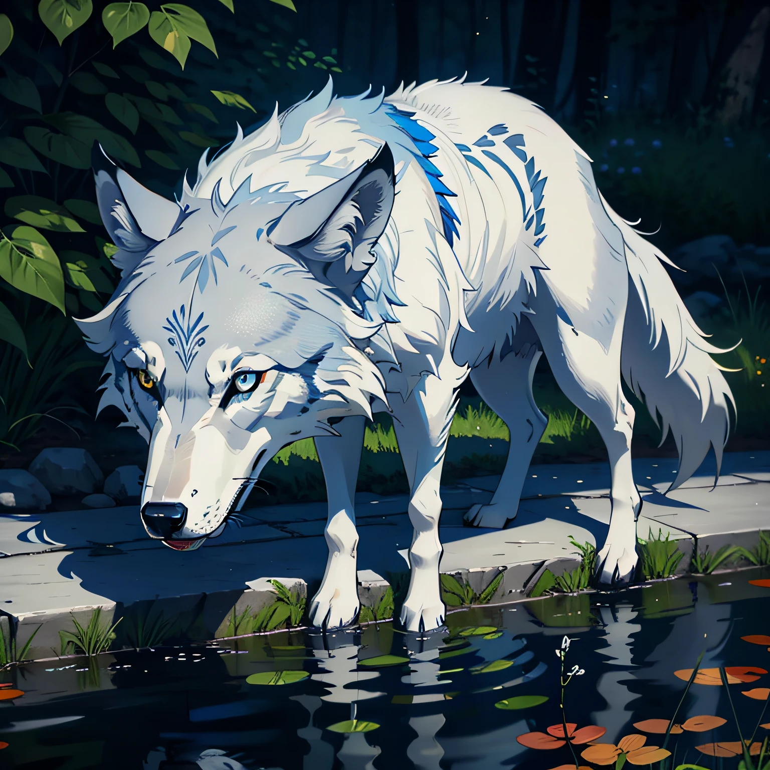 gray wolf,blue color eyes,By the pond,delicated,tmasterpiece,A high resolution