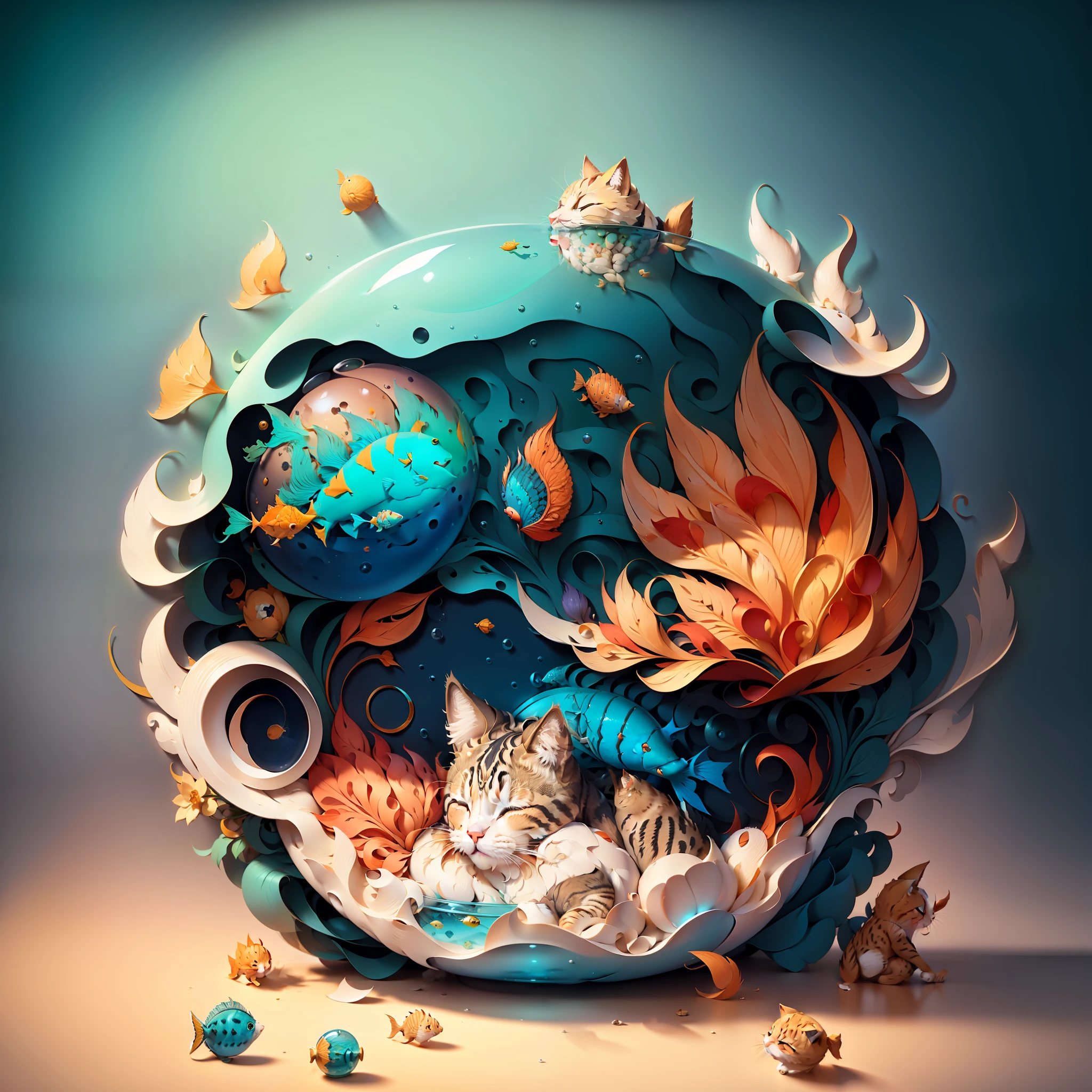 A Aegean cat sleeping inside a fish bowl, adorable, cute, colors Zinnwaldite brown, best quality, masterpiece