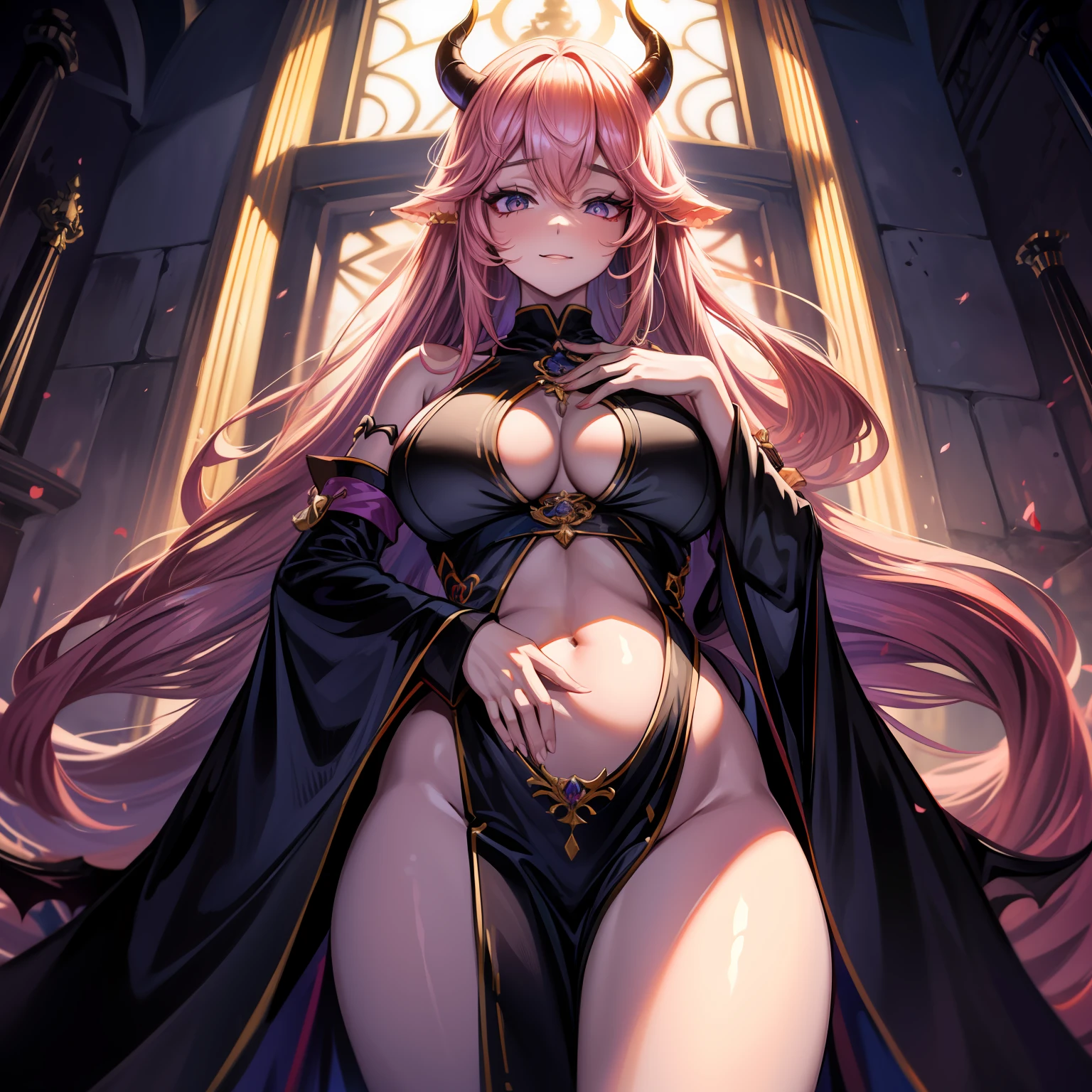 A female demon milf with black demon horn with wet dress, vestido transparente molhando, belly belly button visible,  belly visible, ((demon horn)), cabelo de rapunzel cor-de-rosa extremamente longo, ((Cabelo de rapunzel cor-de-rosa)), White eyes of the demon, ((olhos brancos)), corpo volumoso com seios e busto enormes, ((seio e busto enormes)),Catedral brilhante bonita magnifica e linda, olhar perverso e vazio, sem brilho nos olhos, olhando para o espectador, proeminentemente em suas pernas e seios;, destaque nos seios e no cabelo, Pose sexy, Pose sexualizada, agarrando os seios ;, Moda realista, sysie high definition details, fotografia, perspicacity, unique 850 4, Koda850 k portrait camera, Primavera F1.6, cores ricas, Textura super realista, textura de luz espetacular, arte surreal, Cinestil 800 mecanismo de moda