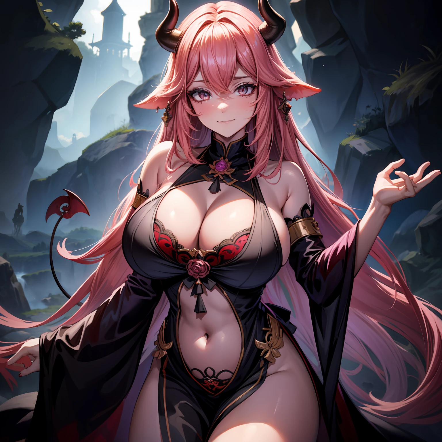 A female demon milf with black demon horn with wet dress, vestido transparente molhando, belly belly button visible, belly visible, ((demon horn)), cabelo de rapunzel cor-de-rosa extremamente longo, ((Cabelo de rapunzel cor-de-rosa)), White eyes of the demon, ((olhos brancos)), corpo volumoso com seios e busto enormes, ((seio e busto enormes)),Catedral brilhante bonita magnifica e linda, olhar perverso e vazio, sem brilho nos olhos, olhando para o espectador, proeminentemente em suas pernas e seios;, destaque nos seios e no cabelo, Pose sexy, Pose sexualizada, agarrando os seios ;, Moda realista, sysie high definition details, fotografia, perspicacity, unique 850 4, Koda850 k portrait camera, Primavera F1.6, cores ricas, Textura super realista, textura de luz espetacular, arte surreal, Cinestil 800 mecanismo de moda