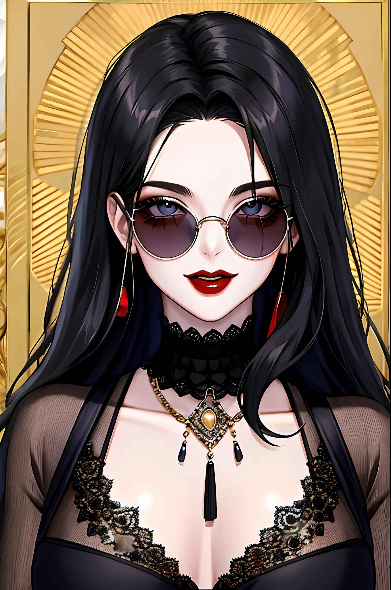 1menina, olhos vermelhos, luvas, solo, brincos, joias, Split lips, sun glasses, cabelo longo, luvas pretas, decote, red-lips, sorriso sedutor, fundo vermelho, cabelo branco, olhando para o espectador, Round Eyewear, renda, eyeglass, rosto, lace trim, parte superior do corpo, seios grandes, ajuste de roupas, bad-girl, vampira, sangue ((matural female))