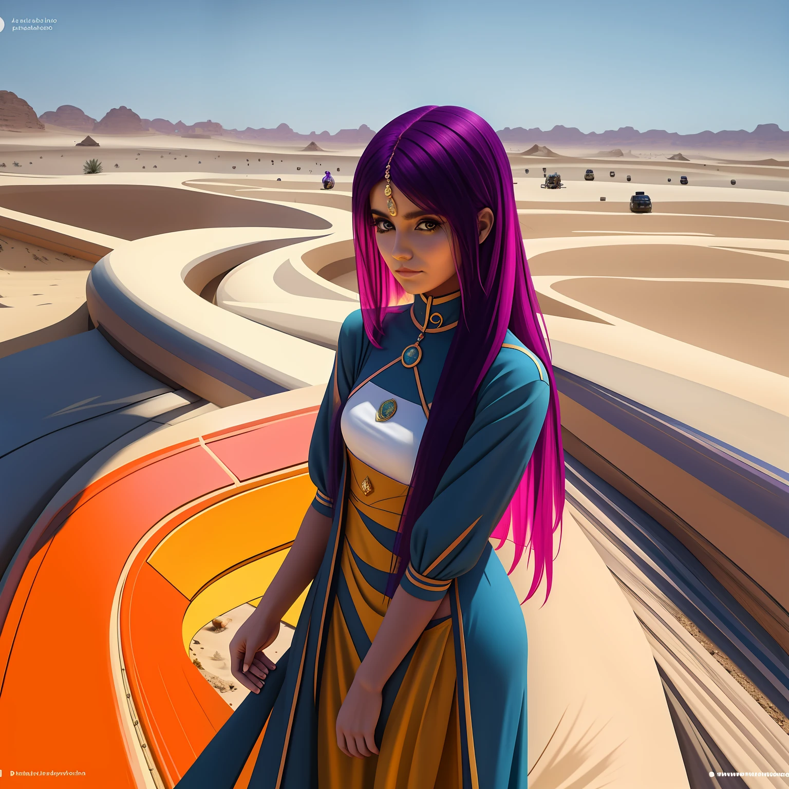 chica de cuerpo entero vestida de oficina su cabello es de color violeta camina pensatica por un palacio del desierto