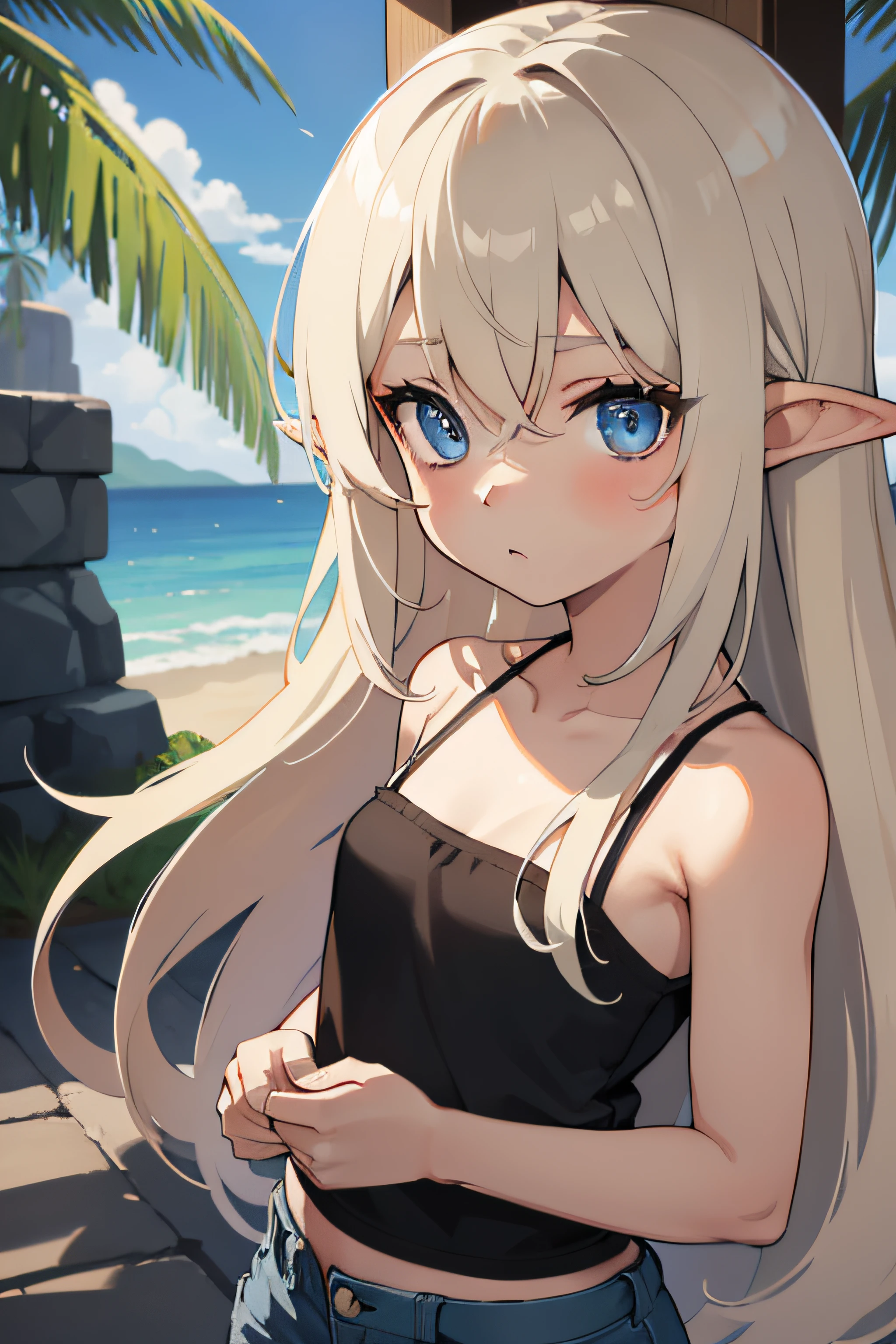 （Black skin:5.0、elvish、hair over eyes:2.0）、ite girl in、A girue eyess、very long bangs、straight haired、very long transverse hair、hair over eyes:2.0、a blond、Beach、flat chest、Tank Tops、shortpants、blush、Flat waist、closing eye、anime screen cap、