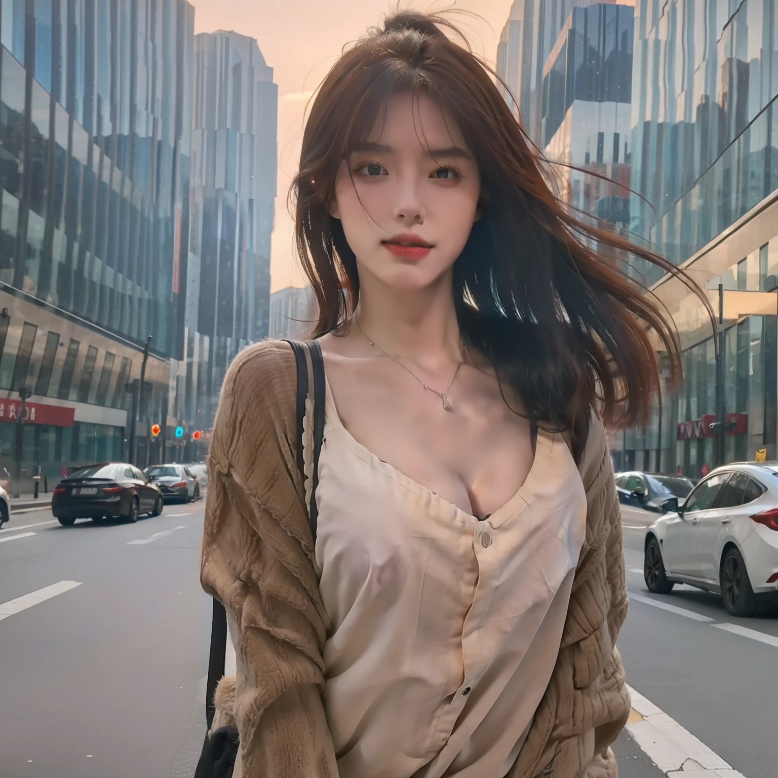 ((Realistic lighting, top quality, 8K, Masterpiece: 1.3)), Clear Focus: 1.2, 1 girl, Perfect Body Beauty: 1.4, Slim Abs: 1.1, ((Dark Brown Hair, Big: 1.3)), (Accelerate: 1.4), (Outdoor, Night: 1.1), Street, Ultra Slender Face, Fine Eyes, Double Eyelids, Exposed Cleavage, Incredibly Absurd, Messy Hair, Floating Hair,