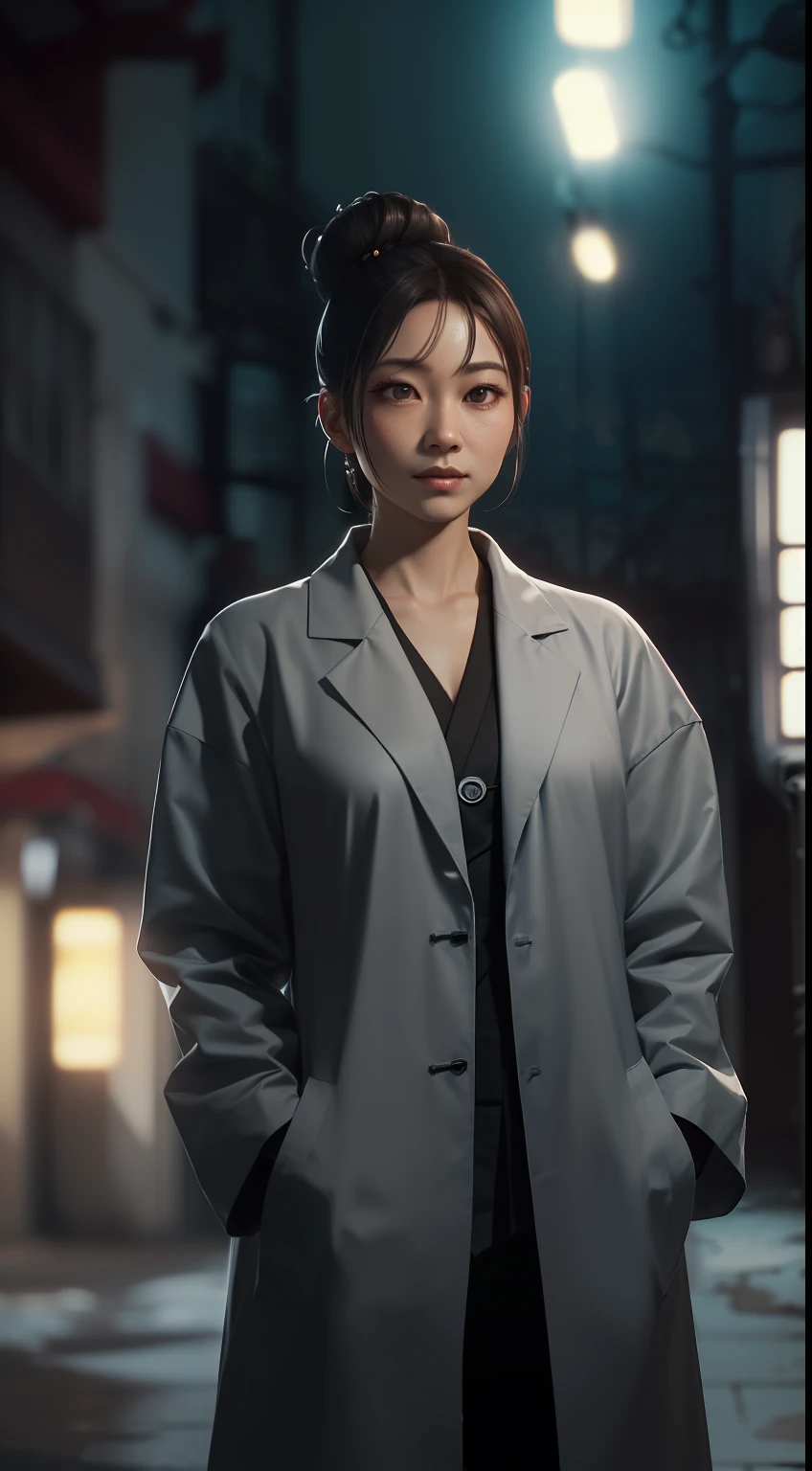 (
(Character: one chinese woman, 40 years old, high bun in the hair, small smile)
(Clothing: medical coat, gray hakama pants and flat shoes, with a stethoscope)
(Pose: full body shot:1.7 )
(Background: dark alley at night:1.3, intense urban lights in background, gray color scheme)
(Style: ((masterpiece:1.5)), (face detailed), photo-realistic:1.3, hyperrealistic, film grain, realistic lighting)
)