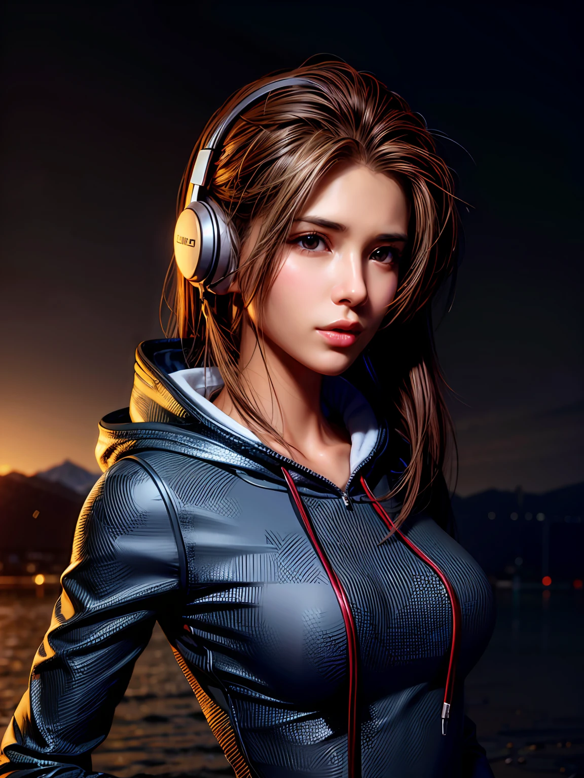 long straight dark brown haired gamer girl leaning into the camera, three-quarter headshot:1.2, lean body, fit body, photo from front above, dark red hoodie:1.2, straight hair, large leather gamer headphones:1.2, skintight black top:1.2, looking at viewer, realistic, 4k, cinematic lighting, perfect, soft lights, intricate details:1.2, high resolution skin:1.2, realistic skin texture, realistic face, perfect anatomy, lean girl, fit girl, sfw:1.2, jumper:1.2, hoodie:1.2, headphones:1.2