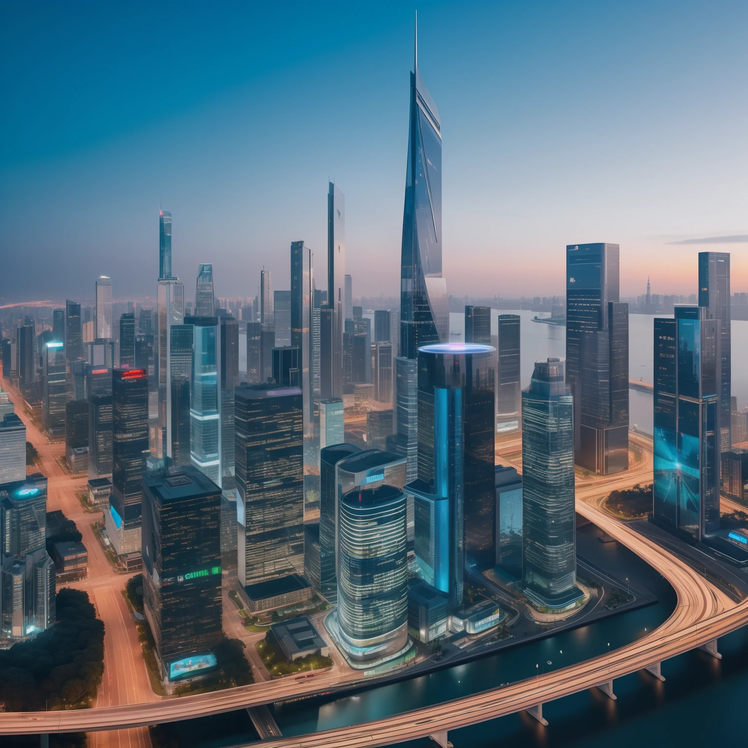 "Futuristic cityscape: towering skyscrapers, flying cars, holographic advertisements."