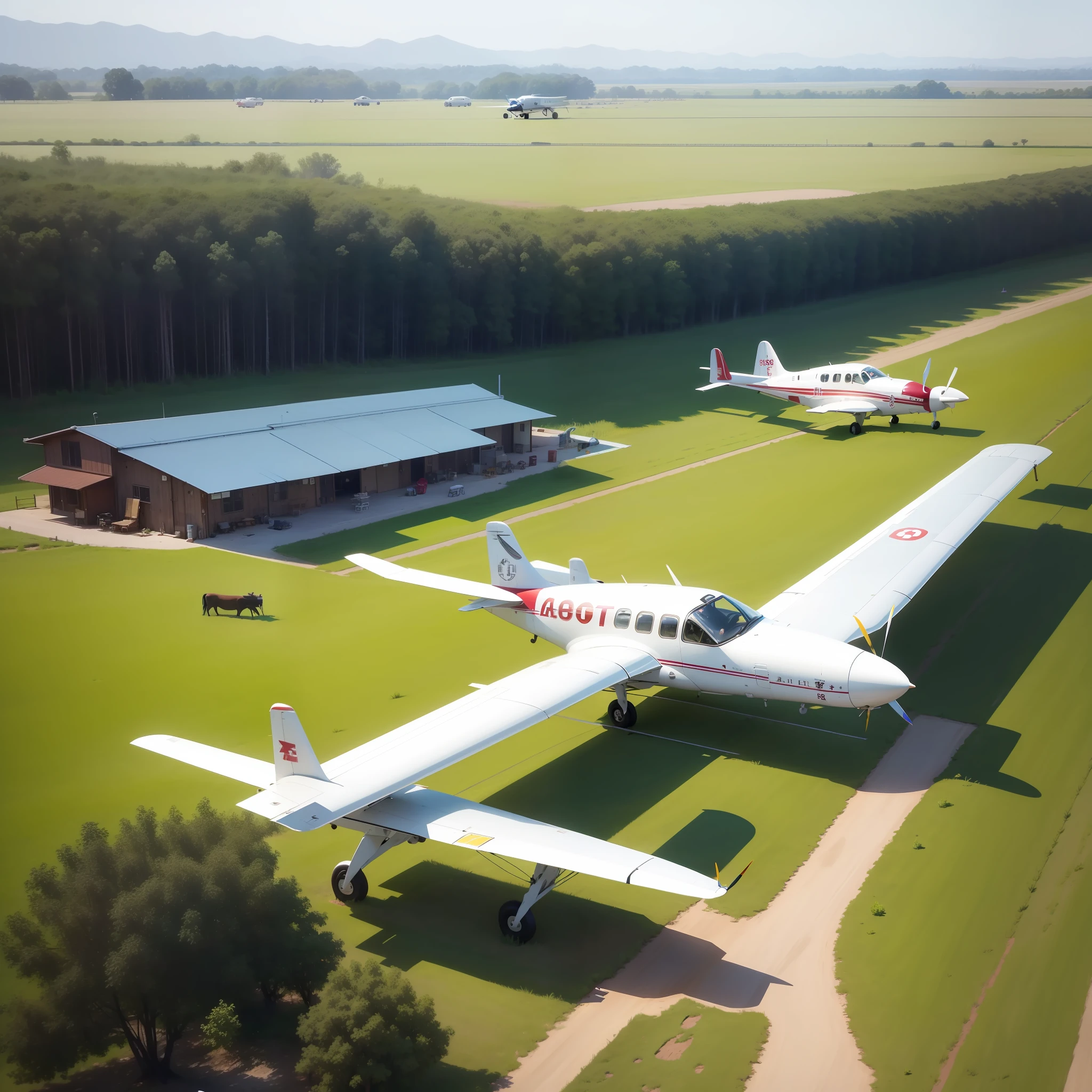 A new small airplane carrying two beautiful women、Emergency landing due to sudden engine trouble。There is a small ranch around it.、Several cows were looking anxiously at the beauties。