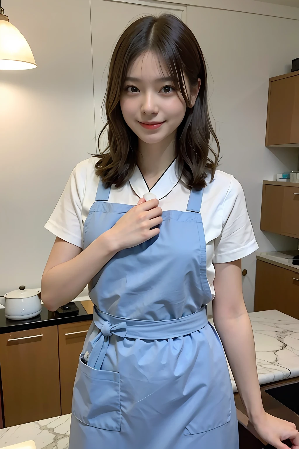 a woman is cooking、(kitchin_Apron:1.Wear 3)、Good Hand、4K、hight resolution、​masterpiece、top-quality、Cap:1.3、((Hasselblad photo))、Fine skin、foco nítido、(lighting like a movie)、Soft lighting、dynamic ungle、[:(详细的脸:1.2):0.2]、Medium chest、sweats streamed skin:1.2、(((In the kitchen))) A smile　Beautiful profile　Colossal tits　Beautiful body　Tying hair　Wide background々and a luxurious living room　Luxurious and luxurious living　Luxurious living room　Beautiful living room　Beautiful living room　A smile　an orange　lemons　A smile　Laughing　banana in　pineapple　Luxurious room　beautiful  lighting　Beautiful lighting　Very large room　very high image quality　very high res　8k Photos　Viewer's Perspective　Very gorgeous kitchen　Luxury Kitchen　　Millionaire Kitchen　Great kitchen　Luxury Kitchen　Luxury Illuminator　very wide々and kitchen　komono　kimono　japanese kimono　pinafore