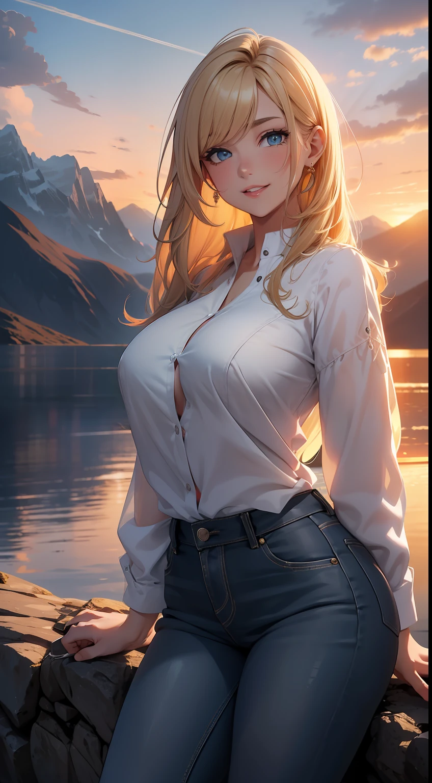 (masterpiece), (best quality), (detailed), (8k), (HDR), (wallpaper), (cinematic lighting), (sharp focus), (intricate), close up, sexy busty with insanely massive tits, blonde, (wearing white button blouse and jeans), (posing sexually on the rocks in front of an extremely detailed majestic sunset over a beautiful mountain range), (sexually excited grin), full pouty red lips, she stares at the sunset
