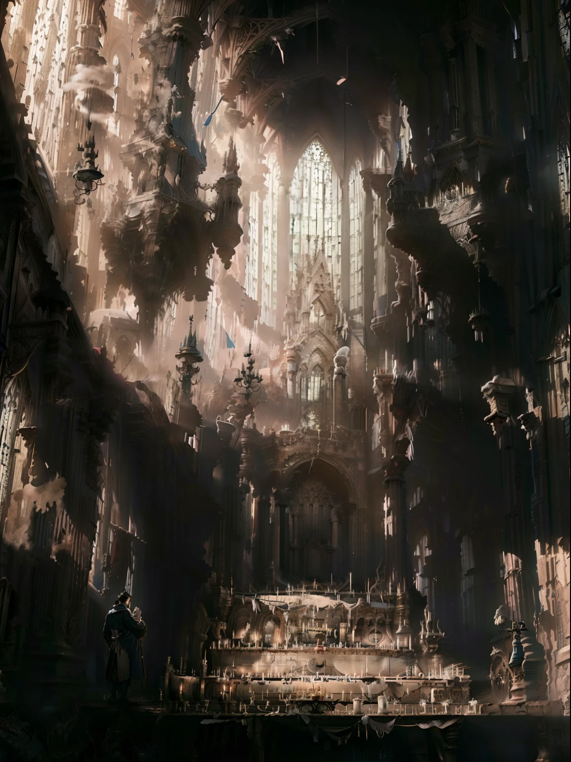 Las ruinas de una gran catedral, Hiperrealista, Estilo Barroco, Gente arrodillada rezando, Sacerdotes, ambiente polvoriento, sucio, velas encendidas, cinematiclight,