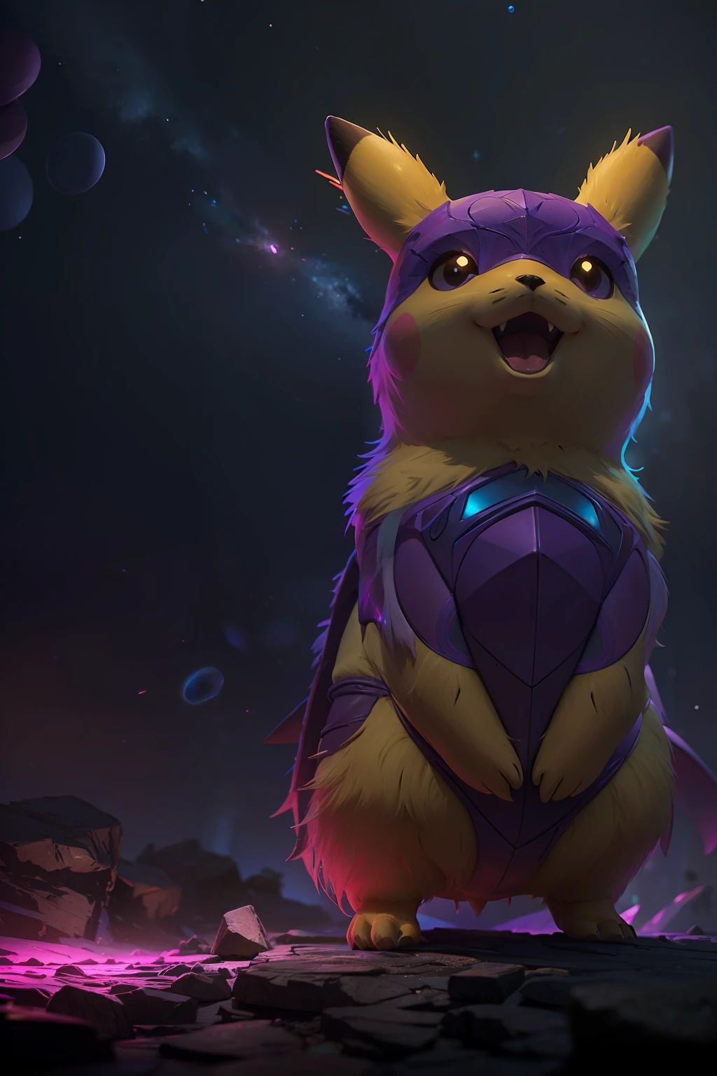 A pikachu, lot of purple and violet, intricate details, volumetric lighting BREAK (masterpiece:1.2), (best quality), 8k, ultra-detailed, highly detailed, colorful details,( iridescent colors:1.2), (glowing lighting, atmospheric lighting), (cinematography tone), sharp focus, milkyway, Anti Aliasing, FKAA, TXAA, RTX, SSAO, (solo:1.2)