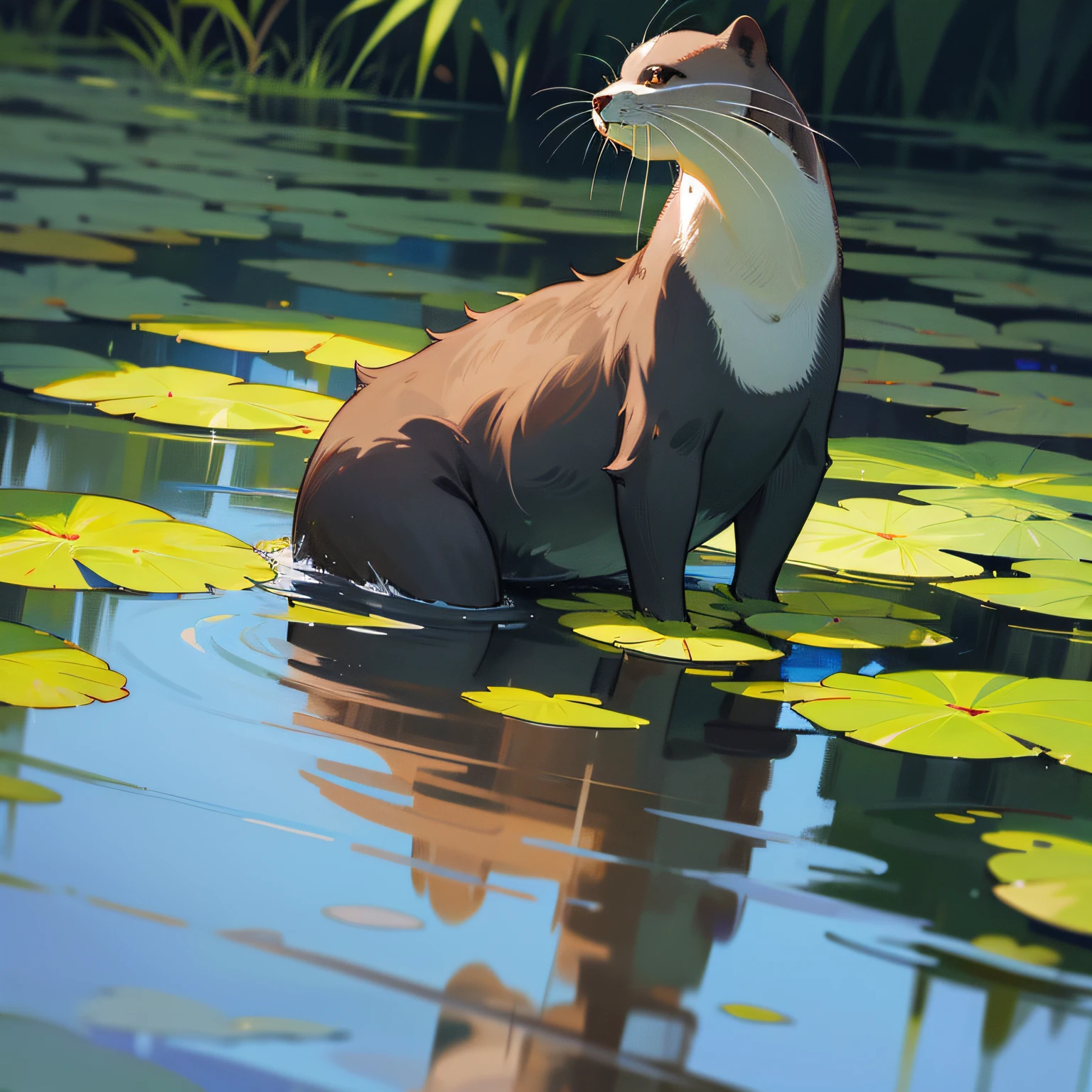 An otter,black in color,By the pond,dynamic angle,delicated,tmasterpiece,A high resolution
