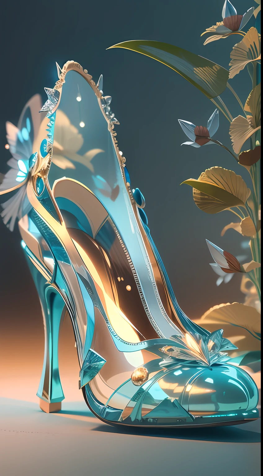 A pair of crystal heels,Complicated details，diamond，Sparkling， fanciful, cleanness, crystal-clear, Gorgeous and colorful, butterflys，florals，Amazing photography, dramatic  lighting, photo-realism, super-fine,Ultra photo realsisim，8k, depth of fields, A high resolution，The toe of the shoe faces the camera，Screen Living，3D,C4D,octaneratingrendering，super high image quality