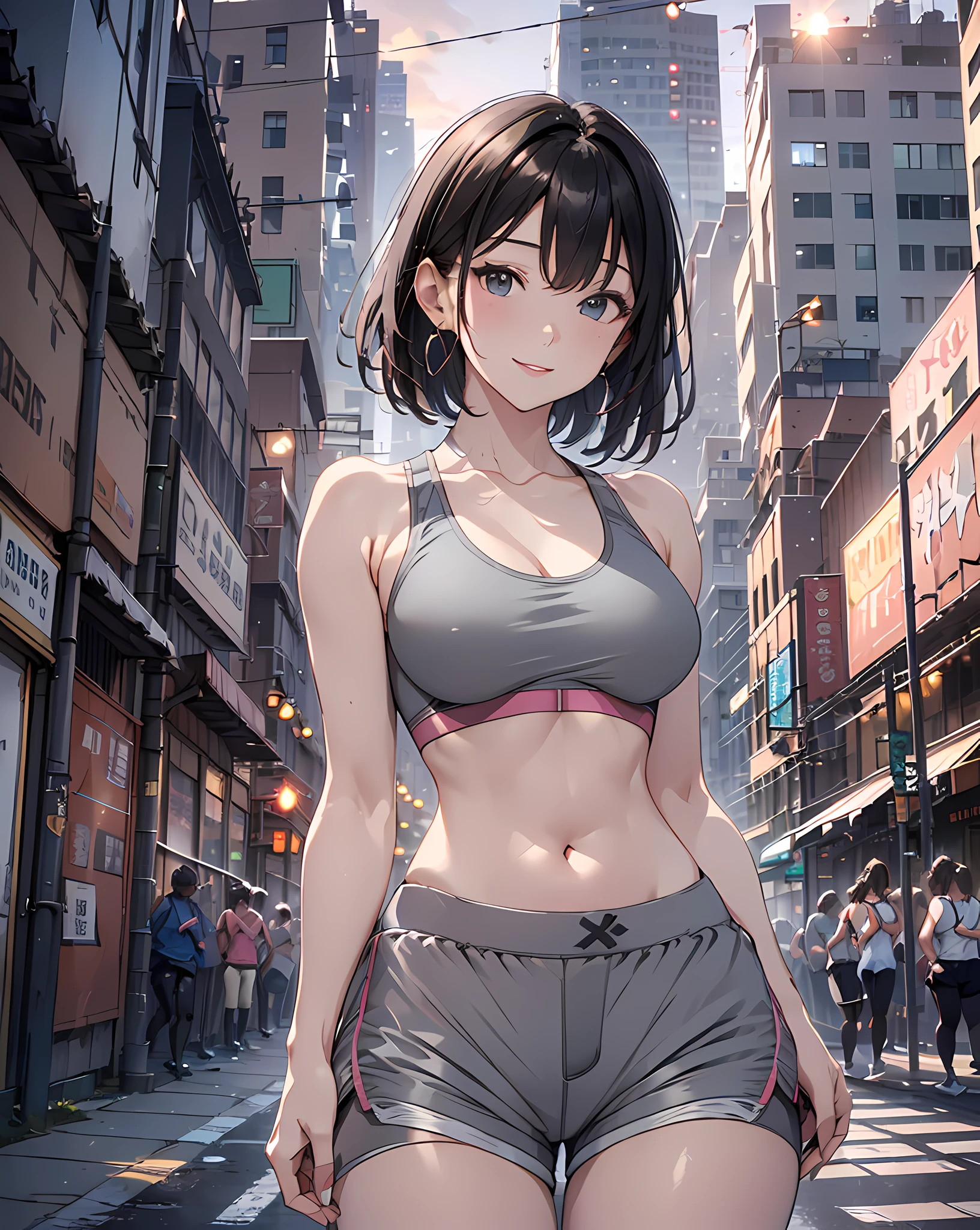 (masterpiece, best quality:1.37), highres, ultra-detailed, ultra-sharp, BREAK, Korean school idol, (((1girl:1.37, solo))), (beautiful anime face, cute face, detailed face), (black hair, thin hair, short hair, bangs, hime-cut), detailed beautiful cyan eyes, BREAK, ((detailed grey sports bra:1.5), (detailed shorts:1.5)), BREAK, lovely look, water melon earing, detailed clothes), light smile, closed mouth, parted lips, pink lipstick, BREAK, ((standing, arms behind back,:1.3, cowboy shot)), detailed human hands, HDTV:1.2, ((detailed sunset NY downtown street view background:1.3)), 8 life size, slender, anime style, anime style school girl, perfect anatomy, perfect proportion, inspiration from Kyoto animation and A-1 picture, late evening, excellent lighting, bright colors, clean lines, photorealistic