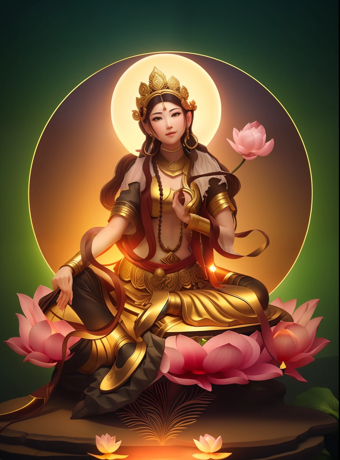 Goddess of beauty with green skin,Sit on a lotus and hold a lotus, ((Pink lotus)),Wear a light brown dress,The skin is delicate and white,crown,Yingluo,The head has a round light,Anatomically correct UHD curation,超高分辨率, best qualtiy, photore, 8K, (realisticlying: 1.2),A golden glow overhead(The halo:1.2),golden headdress,Brighter,tmasterpiece,best qualtiy,Complicated details,Light environment and crystals in the background,crystal,Portal of the future,3D light,k hd,magia,God of Light,The light from the back window is backlighted,详细的脸,depth of fields,Gentle lighting,Tone-mapping,highly detailed,concept-art,Smoothness,Clear focus,Dramatic lighting,highly detailed art,cinematic ligh,8K,amazing shadows(highly detailed back ground:1.2)an ancient Chinese goddess, Sit gracefully on a lotus, gilded lotus princess, Pink Lotus Queen, Realiy, sitting on a lotus flower, Lotus,3Drenderingof。