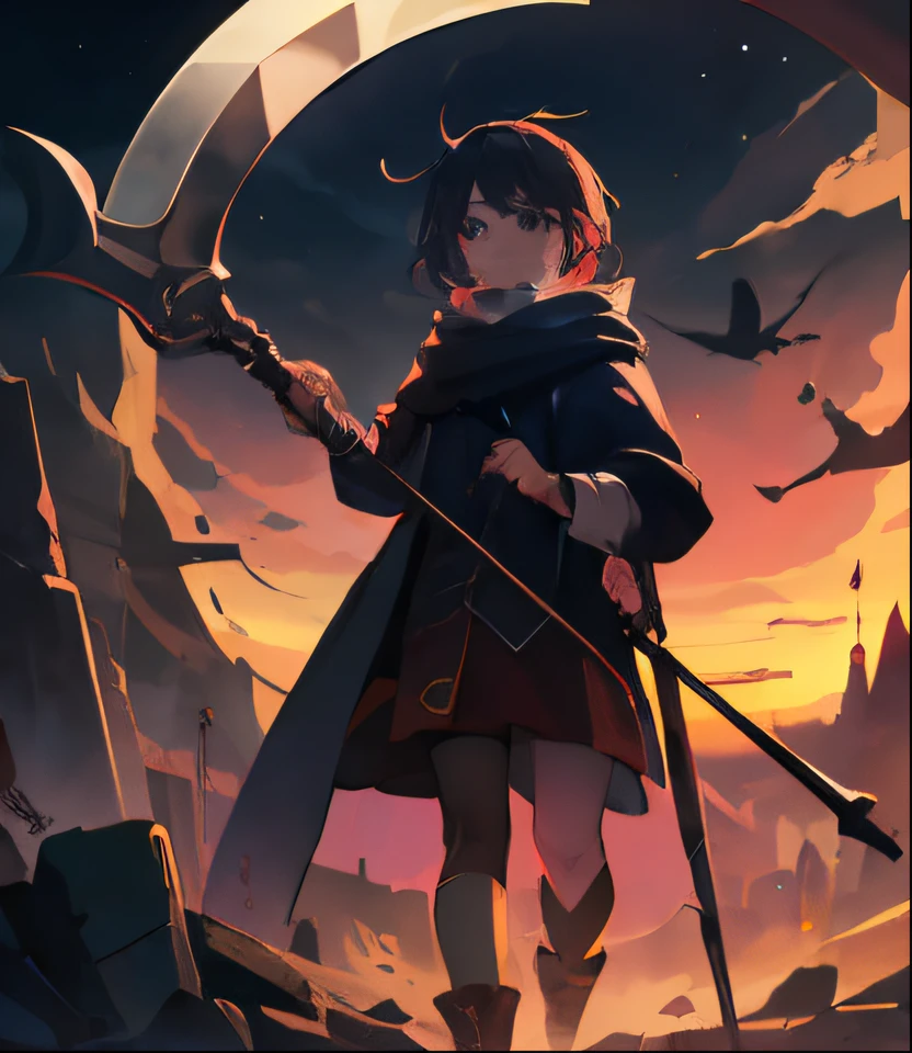 (absurdos, Altas Resoluciones, Ultra detallado), Obra maestra, La mejor calidad, A child holding a scythe, solamente, sonrisa malvada, Dramatic sky, Tierras aisladas, mirar hacia abajo, chispa, remolino, celestial