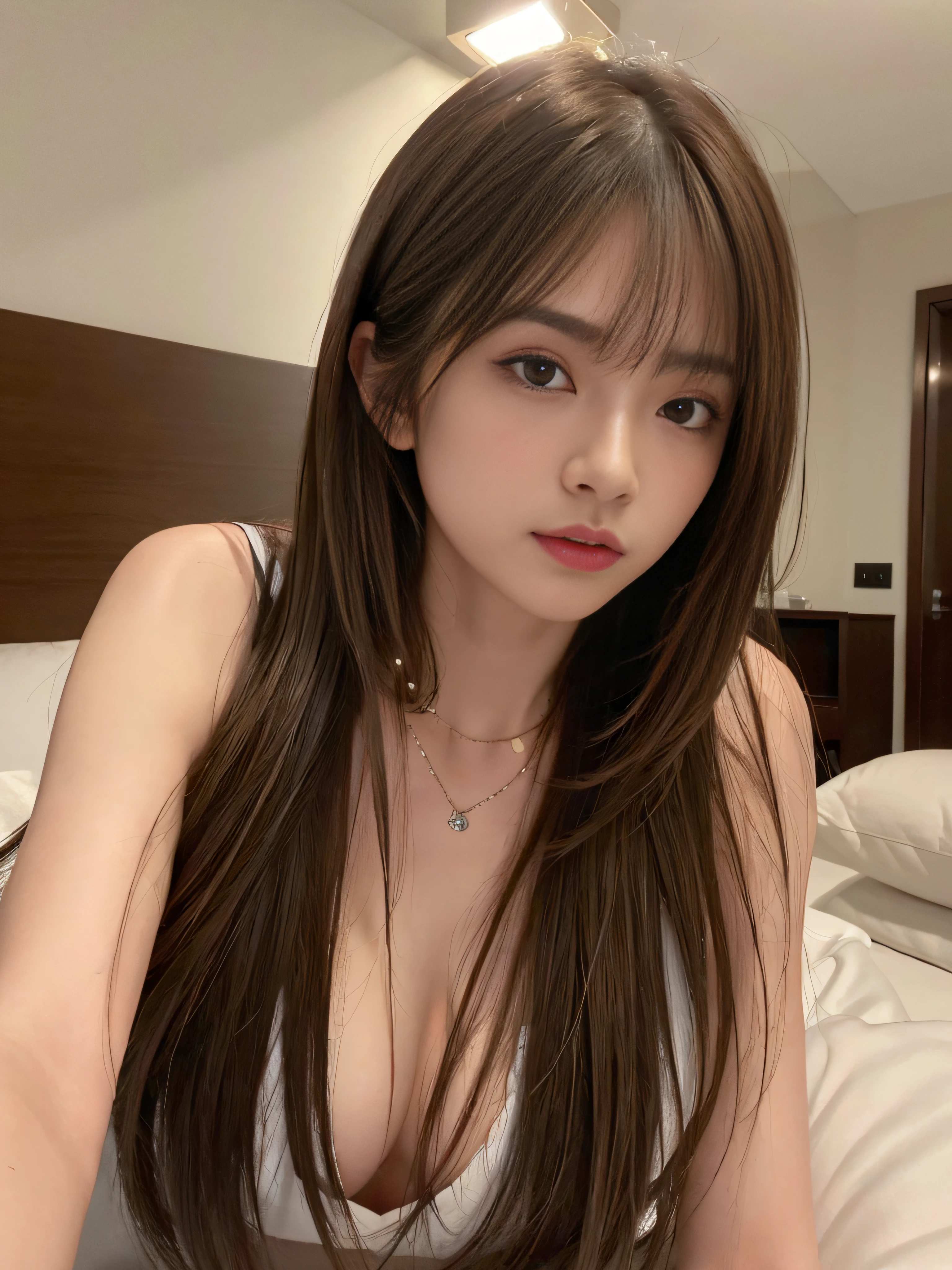 ((Realistic lighting、top-quality、8K、masterpiece:1.3))、Clear focus:1.2、nsfw:1.2, nudde、、small areola:1.4,1girl in、perfectbodybeauty:1.4、Slim abs:1.1、dark-brown eyes、((dark brown hair、middlebreasts:1.2))、(Acceleration:1.4)、(on the beds:1.1)、Luxury、Slender face、(brown haired、tits out:1.1)、A sexy、luxury hotel、Suite Room、lying back、Open your legs、(23years old:1.3)、hyperdetailed face、A detailed eye、二重まぶた、a necklace、