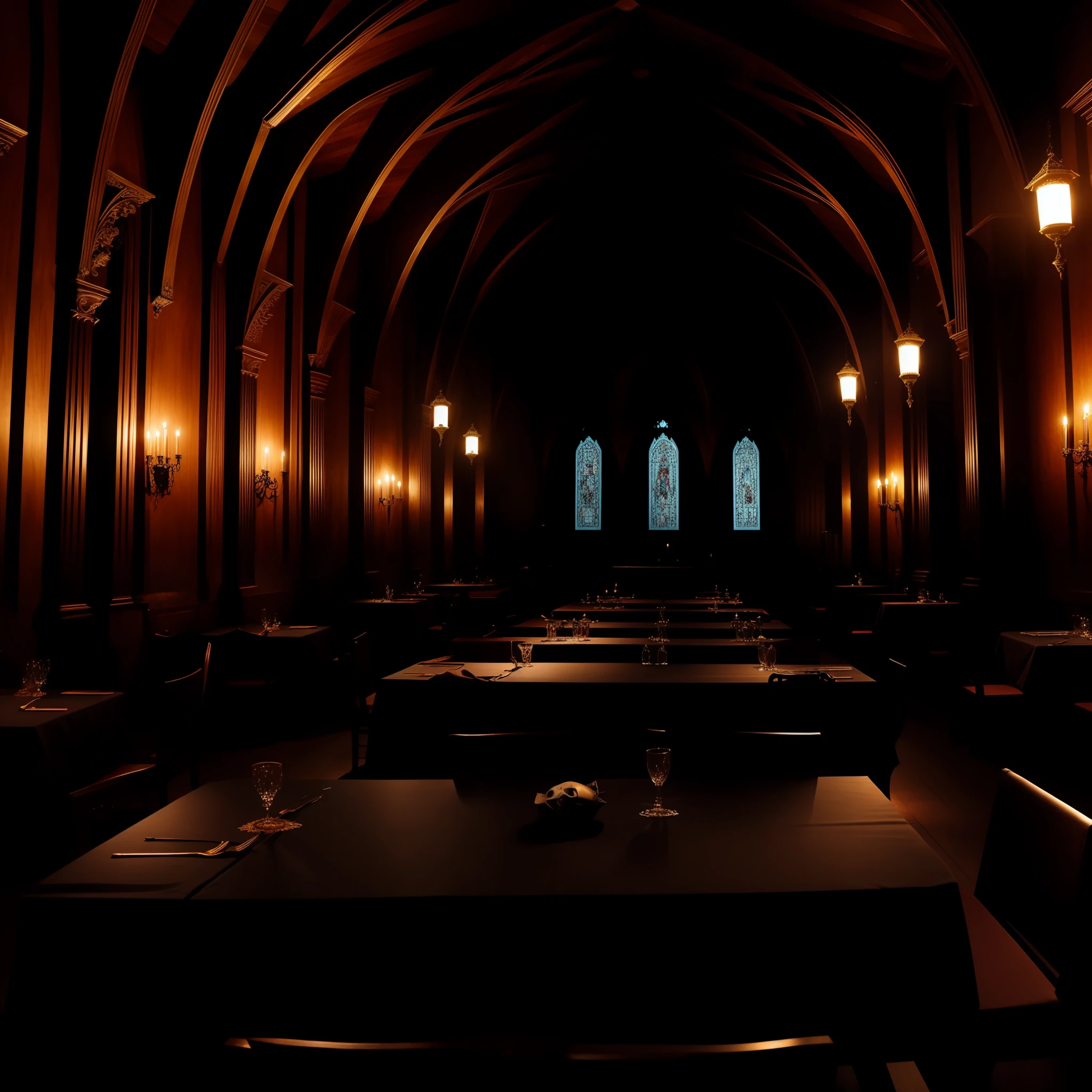 Run a huge medieval vampire hall, sem humanos, Tables decorated in the Gothic style, imagem realista do local,(no human), espelhos, Mask dance style,( no human),