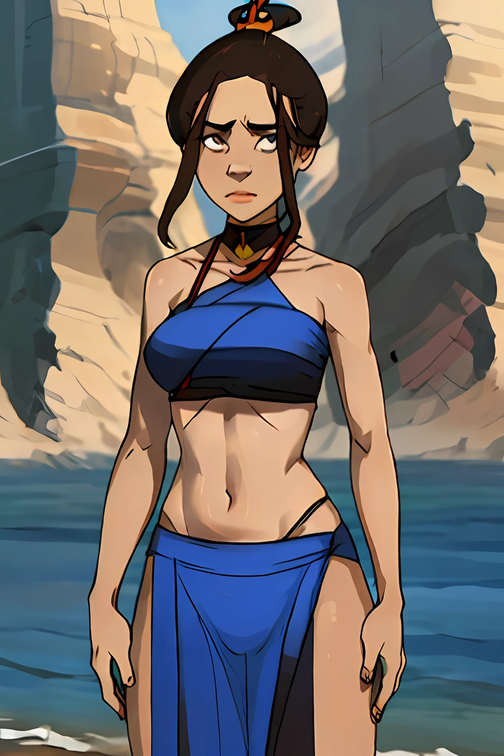 obra maestra, mejor calidad, highres, piel oscura, medios tradicionales, (pintura \(mediana\)), pulsera, pelo largo, Brown-haired, crop top, midriff, ombligo, ojos expresivos agudos, cara perfecta, caderas anchas, lineart grueso,parte superior, mirando al frente,senos descubiertos