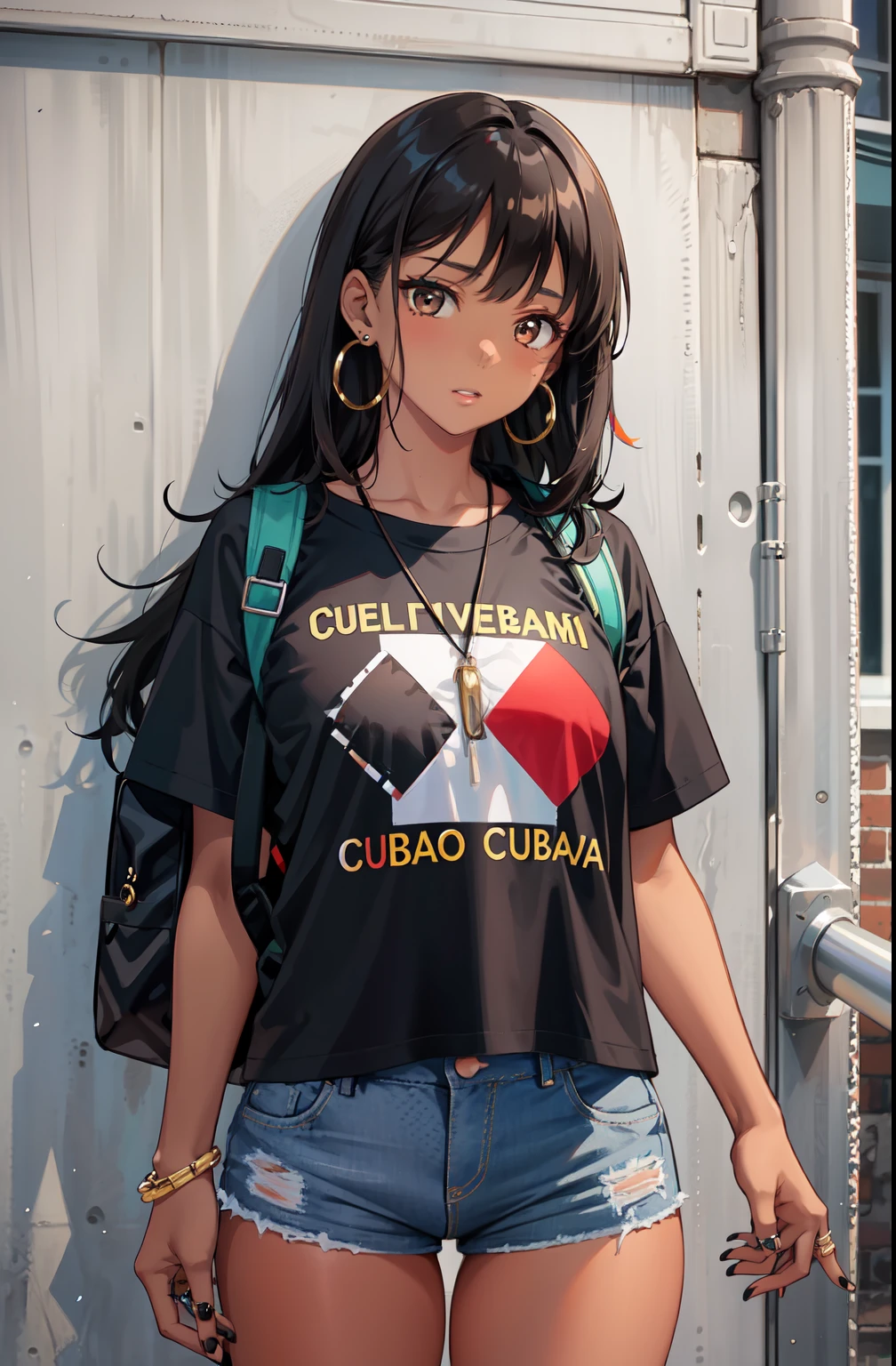 1 girl, brown skin, Latin features, T-shirt, jeans, long black hair, brown eyes, Cuban, Standing in front of a school, black backpack with Cuban flag, black painted nails, small earrings, ring on hands