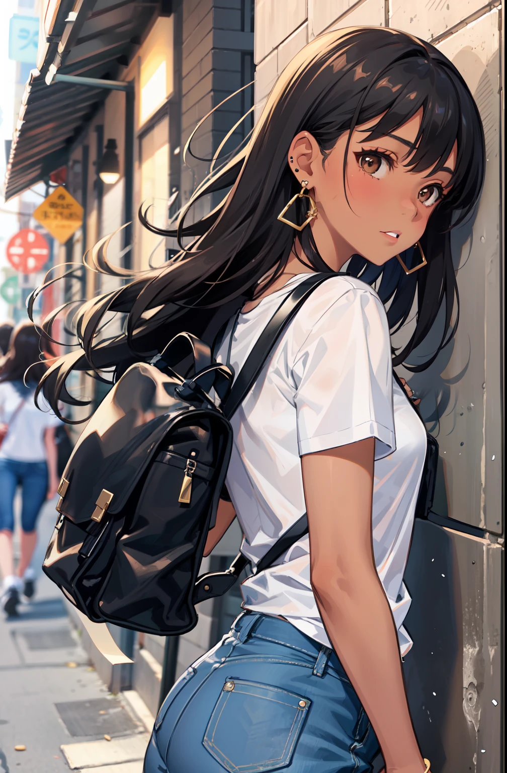 1 girl, brown skin, Latin features, T-shirt, jeans, long black hair, brown eyes, Cuban, Standing in front of a school, black backpack with Cuban flag, black painted nails, small earrings, ring on hands