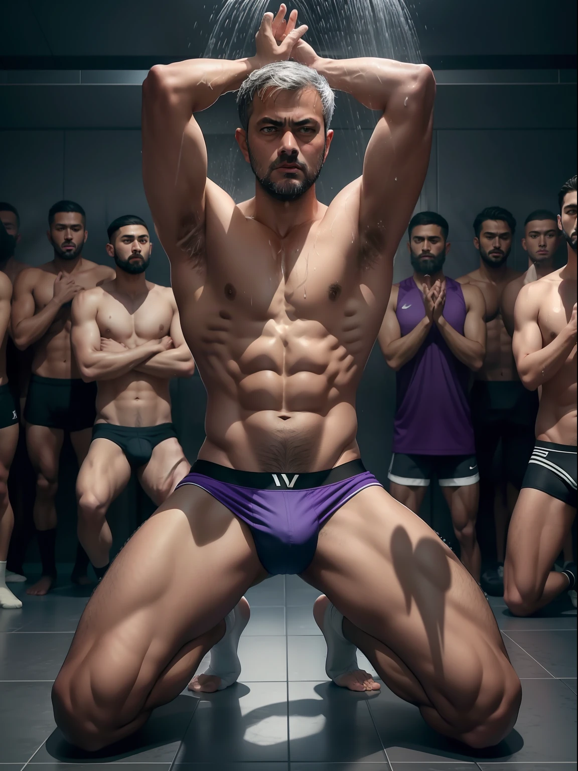 Mourinho，Shirtless，Tong，Bulge，浴室，taking a shower，black long socks，Thin，musculature，lbeard，fortitude，artwork of a，tmasterpiece，k hd，purple panty，Legs open，Raised butt，Put your hands behind your head，Kneeling，surrounded by a crowd of people，kisses