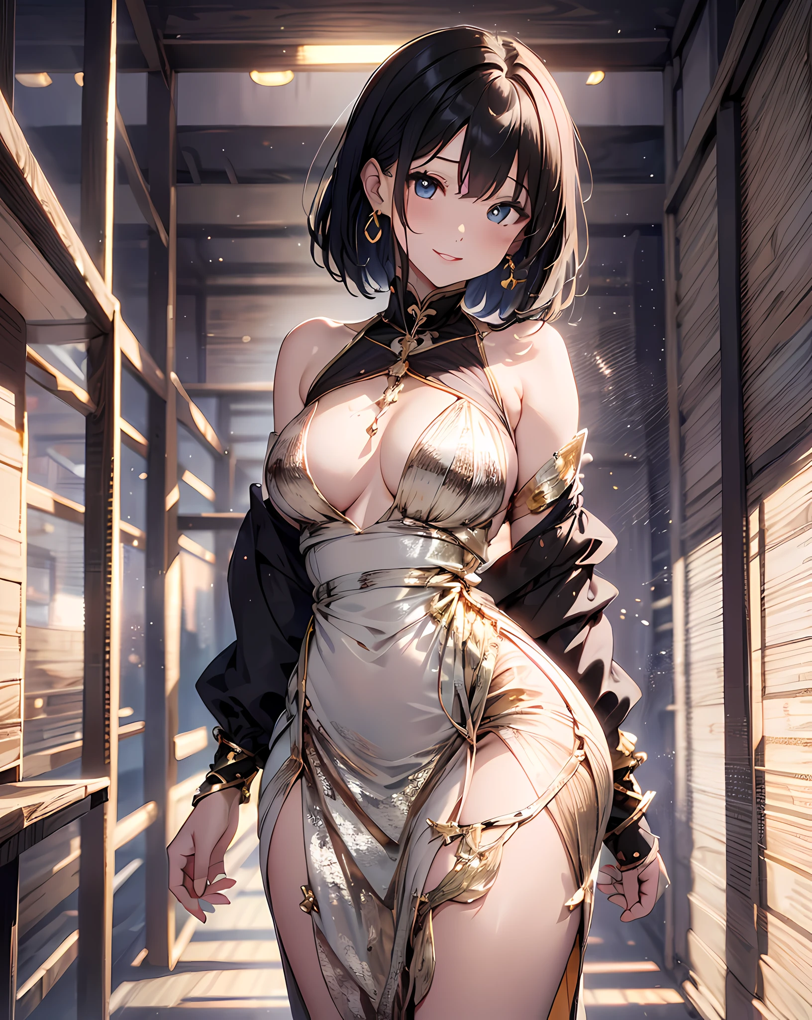 (masterpiece, best quality:1.37), highres, ultra-detailed, ultra-sharp, BREAK, Korean school idol, (((1girl:1.37, solo))), (beautiful anime face, cute face, detailed face), (black hair, thin hair, short hair, bangs, hime-cut), detailed beautiful cyan eyes, BREAK, ((detailed gold gorgeous luxury dress:1.5)), BREAK, lovely look, water melon earing, detailed clothes), light smile, closed mouth, parted lips, pink lipstick, BREAK, ((standing, arms behind back,:1.3, cowboy shot)), detailed human hands, HDTV:1.2, ((detailed sunset royal palace view background:1.3)), 8 life size, slender, anime style, anime style school girl, perfect anatomy, perfect proportion, inspiration from Kyoto animation and A-1 picture, late evening, excellent lighting, bright colors, clean lines, photorealistic