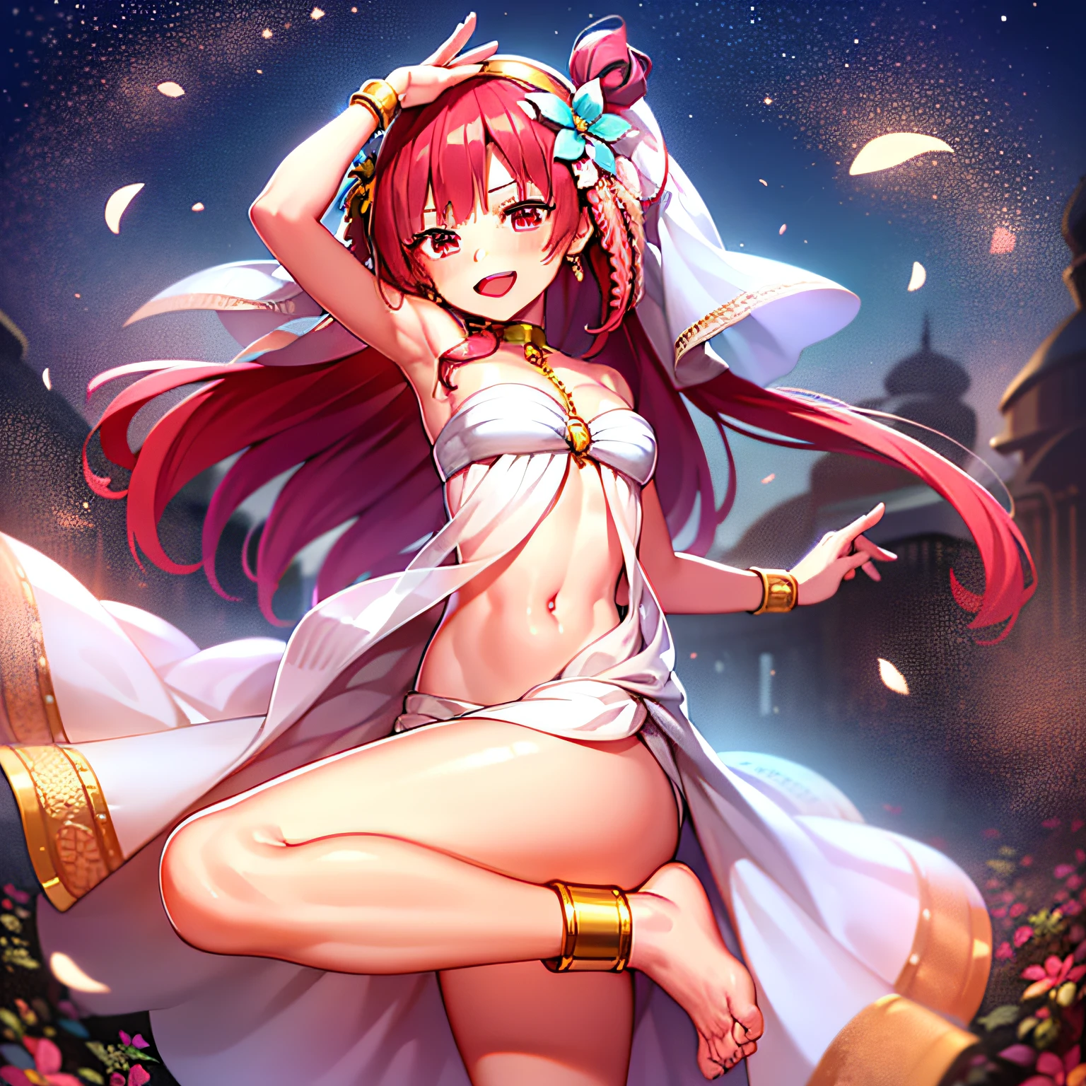 Mojana,((Masterpiece)), (((Best quality))), ((Ultra-detailed)), ((illustration)), ((Disheveled hair)), ((frilld)), (1 girl), (Solo), anklet , arabian clothes, Arabic dancers, Asymmetrical hair, Barefoot, Bracelet, Breasts , choker necklace , cleavage, Clothing, :D , Dancer, Dancing , Fashion board , Feet , Female, flower , hair flower , hair adornments, cheerfulness , headdress , Headwear , Implicit Nopan, jewelry, Legs, Long hair, Medium hair , Mount Venus , navel , Open mouth , open-mouth smile, O-ring, O-ring top, pony tails , Red eyes , Red hair , Side ponytail, Small breasts , Smile , Thighs, hair tying , Toes , traditional garb ,