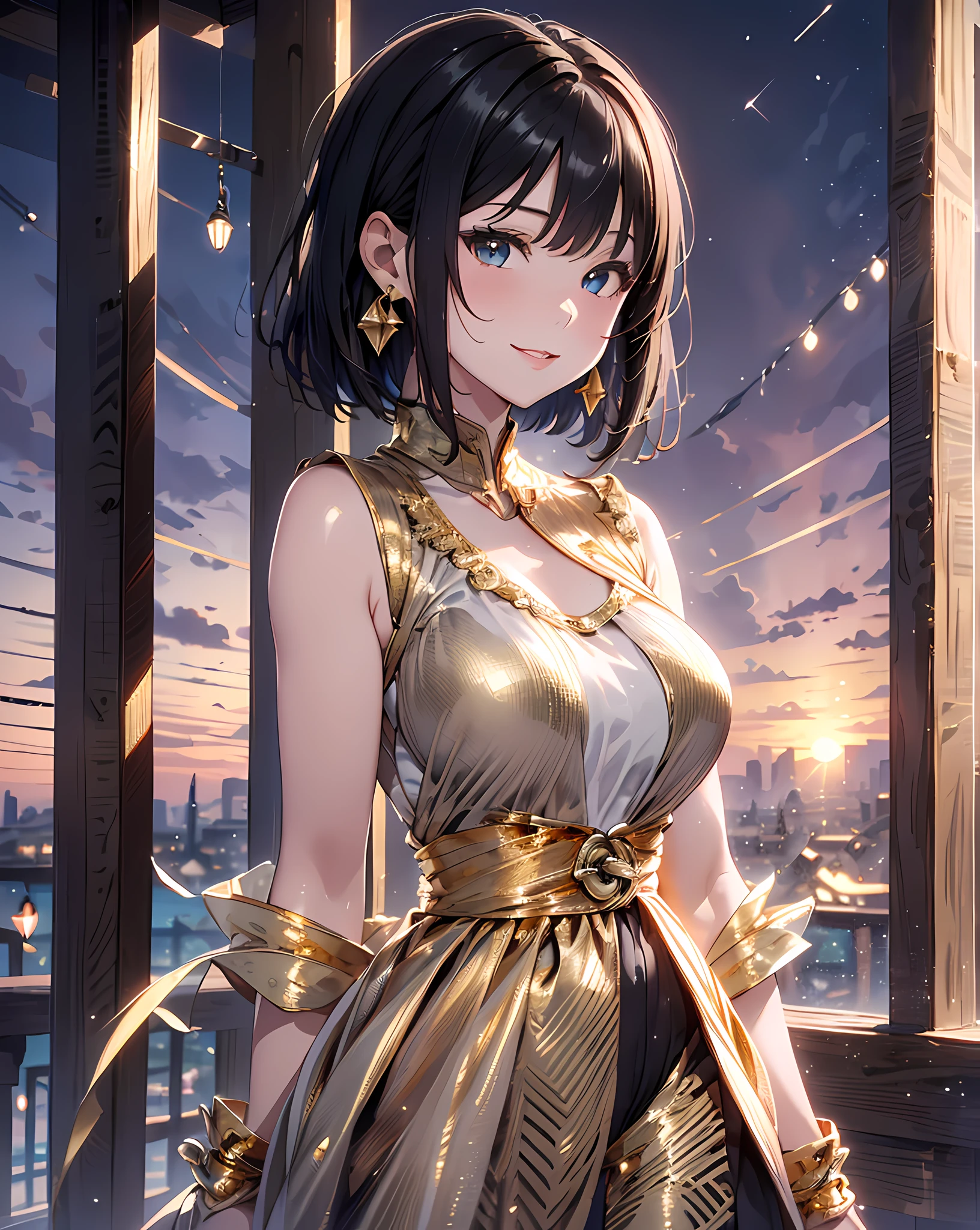 (masterpiece, best quality:1.37), highres, ultra-detailed, ultra-sharp, BREAK, Korean school idol, (((1girl:1.37, solo))), (beautiful anime face, cute face, detailed face), (black hair, thin hair, short hair, bangs, hime-cut), detailed beautiful cyan eyes, BREAK, ((detailed gold gorgeous luxury dress:1.5)), BREAK, lovely look, water melon earing, detailed clothes), light smile, closed mouth, parted lips, pink lipstick, BREAK, ((standing, arms behind back,:1.3, cowboy shot)), detailed human hands, HDTV:1.2, ((detailed sunset royal palace view background:1.3)), 8 life size, slender, anime style, anime style school girl, perfect anatomy, perfect proportion, inspiration from Kyoto animation and A-1 picture, late evening, excellent lighting, bright colors, clean lines, photorealistic