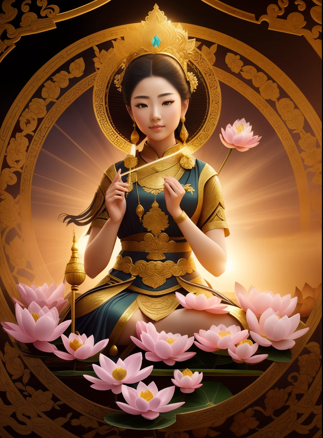Goddess of beauty with green skin,sitting on a lotus flower,holding lotus flowers, ((Pink lotus)),Wear a light brown dress,The skin is delicate and white,crown,Yingluo,The head has a round light,Anatomically correct UHD curation,超高分辨率, best qualtiy, photore, 8K, (realisticlying: 1.2),A golden glow overhead(The halo:1.2),golden headdress,Brighter,tmasterpiece,best qualtiy,Complicated details,Light environment and crystals in the background,crystal,Portal of the future,3D light,k hd,magia,God of Light,The light from the back window is backlighted,详细的脸,depth of fields,Gentle lighting,Tone-mapping,highly detailed,concept-art,Smoothness,Clear focus,Dramatic lighting,highly detailed art,cinematic ligh,8K,amazing shadows(highly detailed back ground:1.2)an ancient Chinese goddess, Sit gracefully on a lotus, gilded lotus princess, Pink Lotus Queen, Realiy, sitting on a lotus flower, Lotus,3Drenderingof。