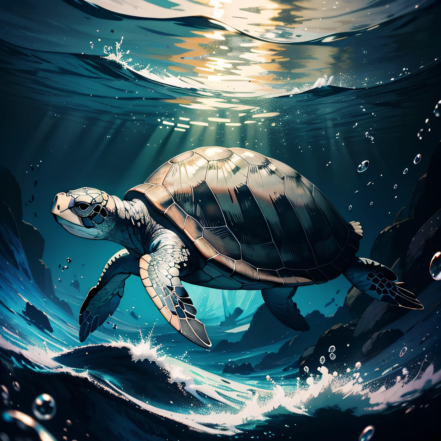 A turtle，Turtle，light gray，Under water，Ultra HD masterpiece，imagem de qualidade alta